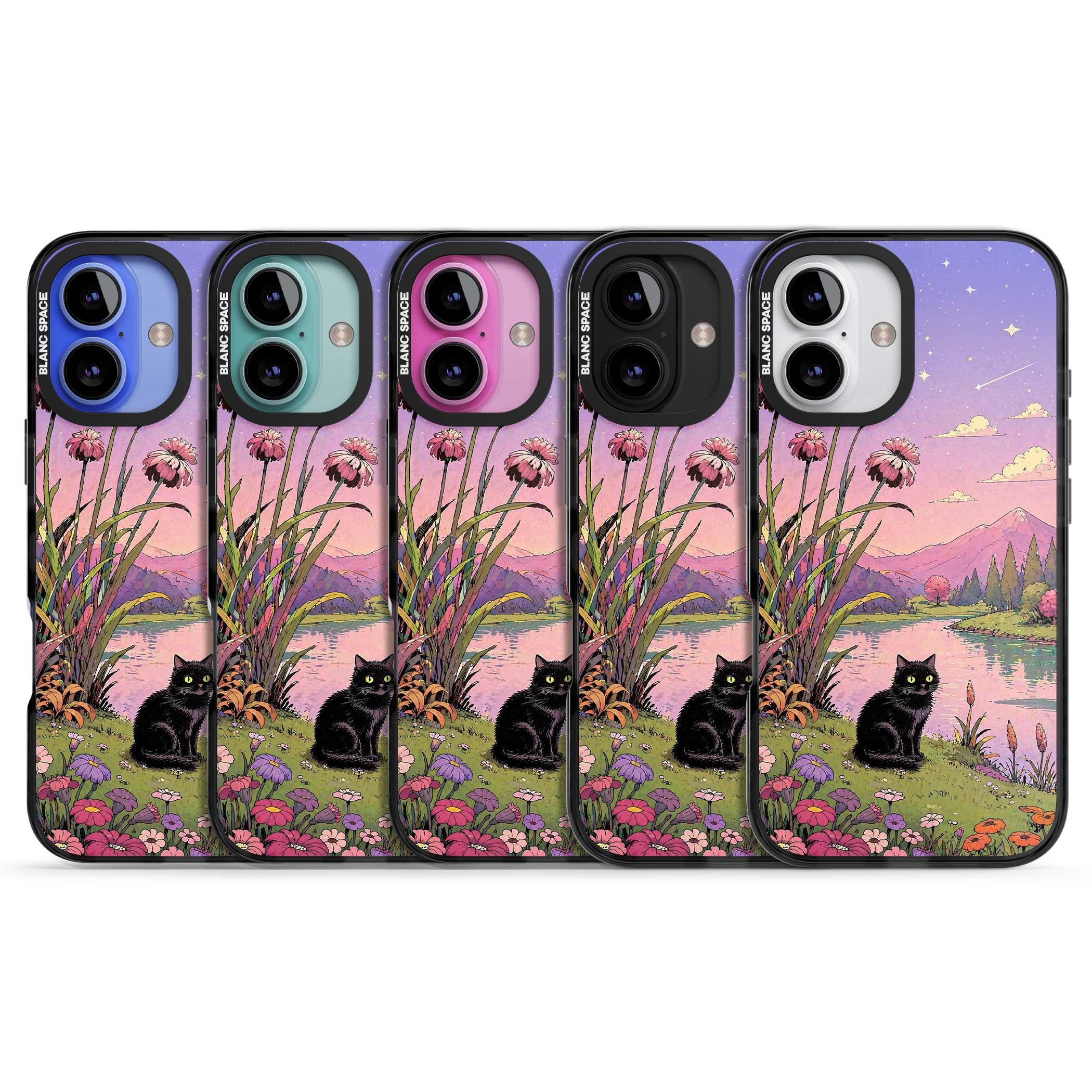 Mystic Whiskers ghibli iPhone case featuring a black cat by a pastel lake, wildflowers and a starry sunset sky | Black Impact Magsafe case for iPhone 16, iPhone 16 Plus