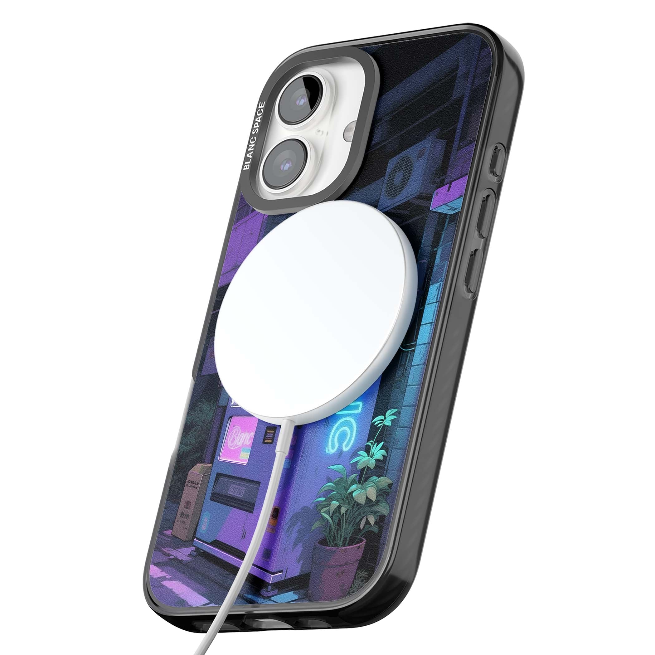 Shibuya Glow Japanese iPhone case featuring a glowing Tokyo vending machine, neon signage, and moody purple alleyway | Black Impact Magsafe case for iPhone 16, iPhone 16 Plus