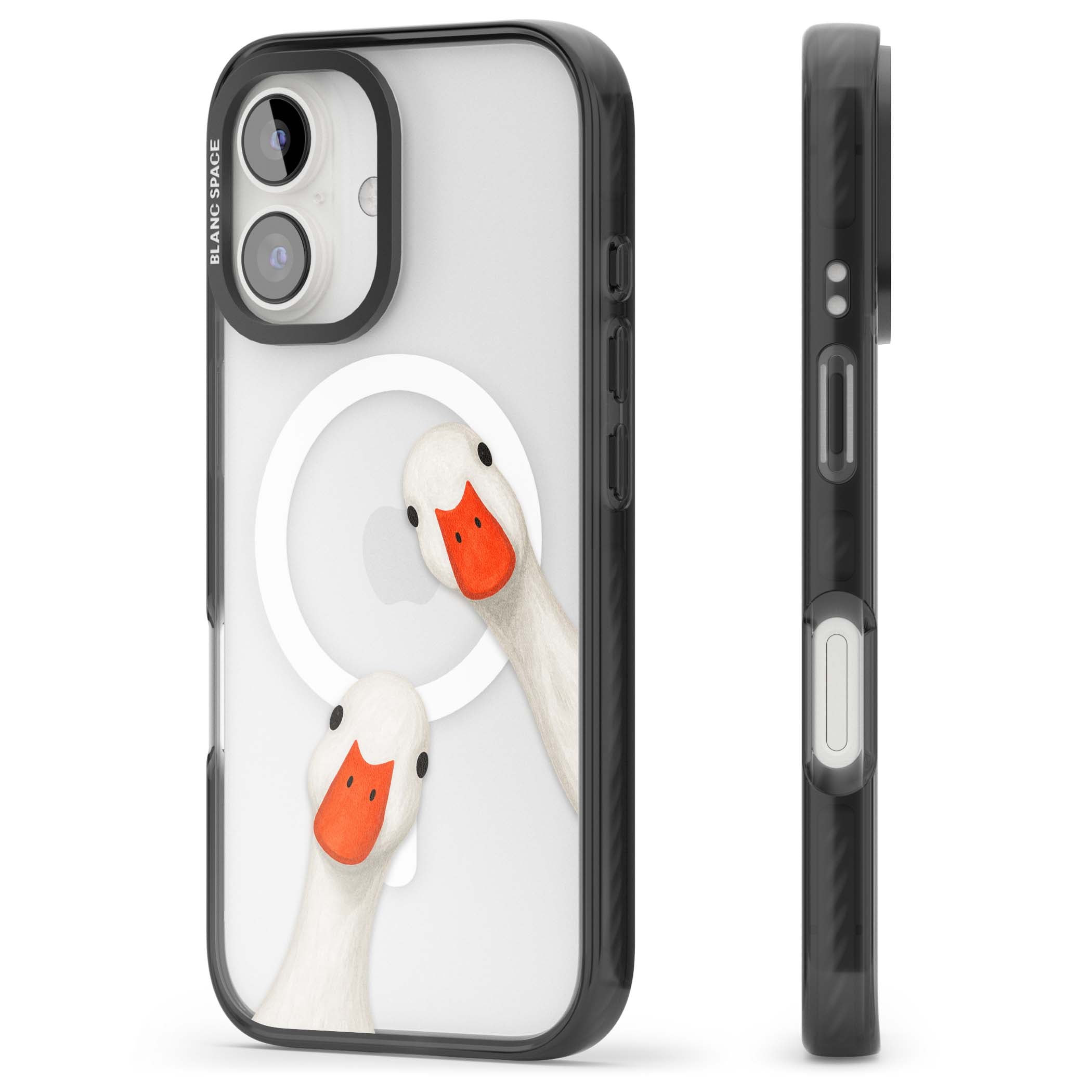 Nosy Ducks cottagecore iPhone case featuring two peeking white ducks with orange beaks on a clear background | Black Impact Magsafe case for iPhone 16, iPhone 16 Plus