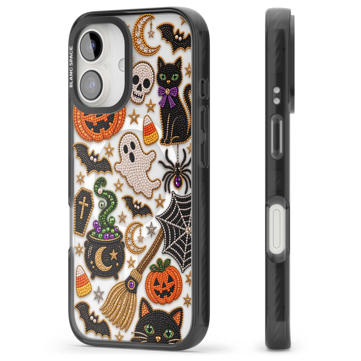 Beaded Halloween Halloween iPhone case featuring beaded pumpkins, ghosts, black cats and bats | Black Impact Magsafe case for iPhone 16, iPhone 16 Plus