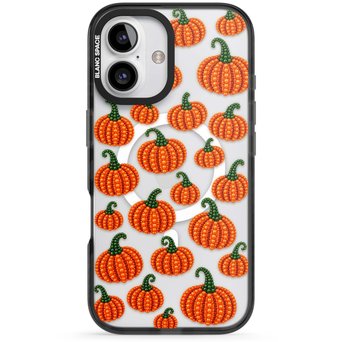 Beaded Pumpkins halloween iPhone case featuring beaded orange pumpkins with green stems on a clear background | Black Impact Magsafe case for iPhone 16, iPhone 16 Plus