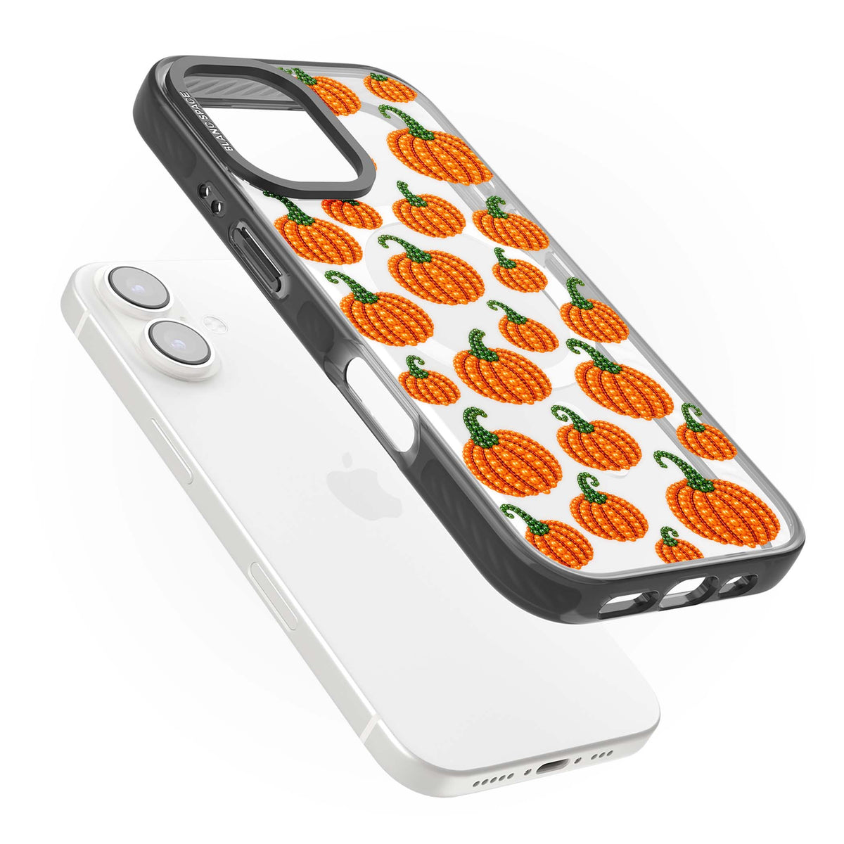 Beaded Pumpkins halloween iPhone case featuring beaded orange pumpkins with green stems on a clear background | Black Impact Magsafe case for iPhone 16, iPhone 16 Plus
