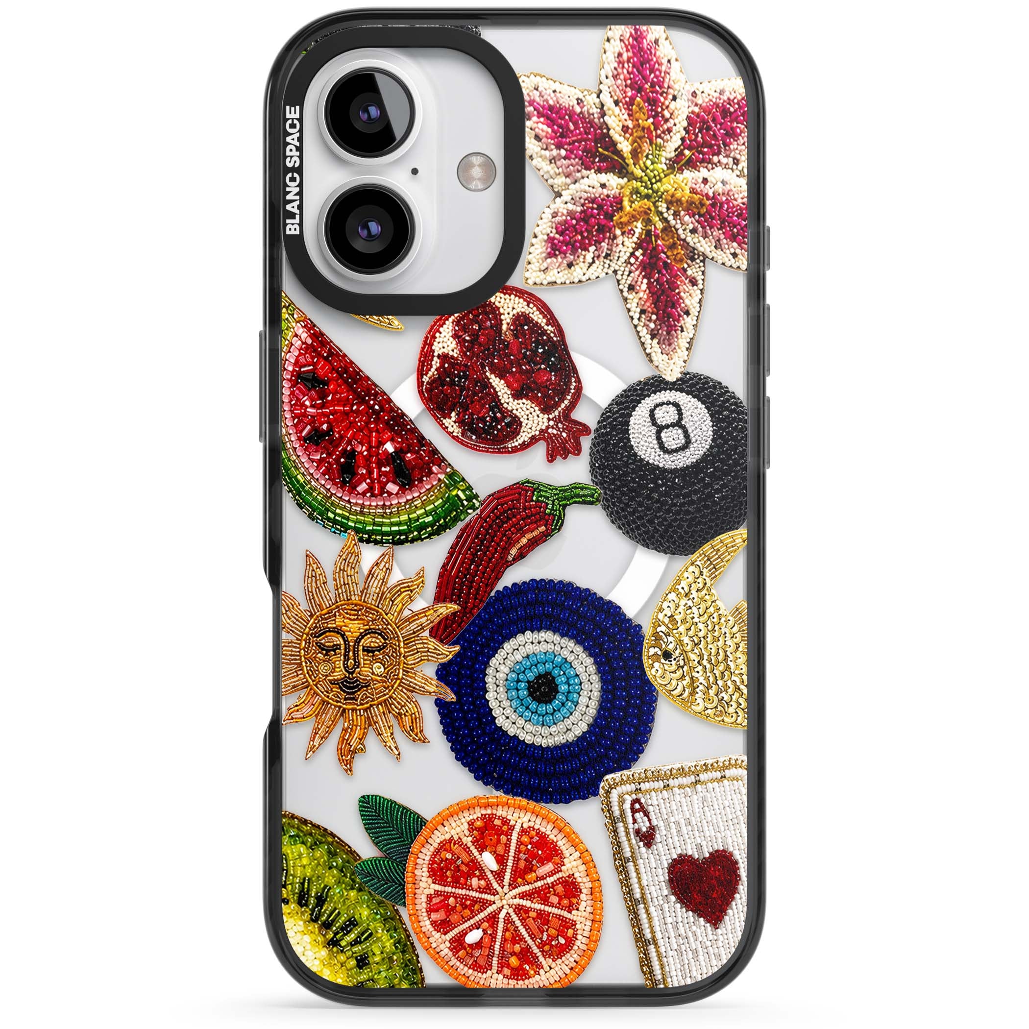 Beaded Charms embroidery iPhone case featuring beaded evil eye, fruit patches and a golden sun motif | Black Impact Magsafe case for iPhone 16, iPhone 16 Plus