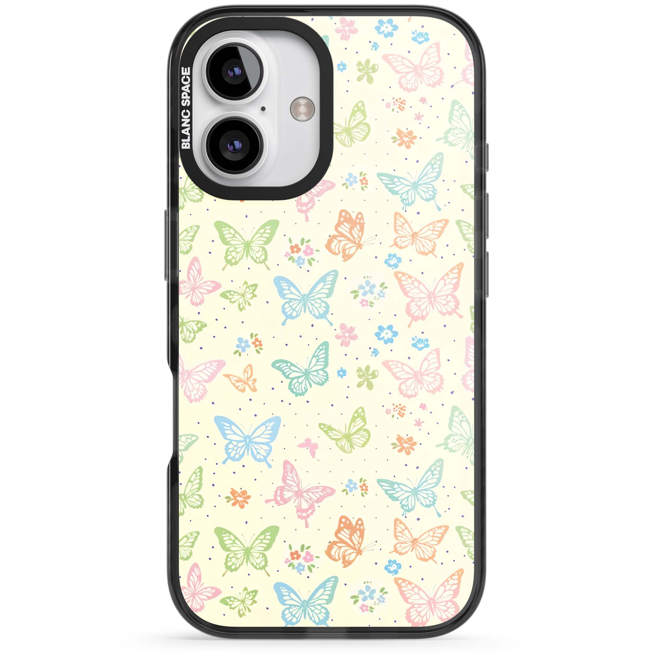 Sugar Wings cottagecore iPhone case featuring rainbow pastel butterflies, tiny wildflowers, and a cream background | Black Impact Magsafe case for iPhone 16, iPhone 16 Plus