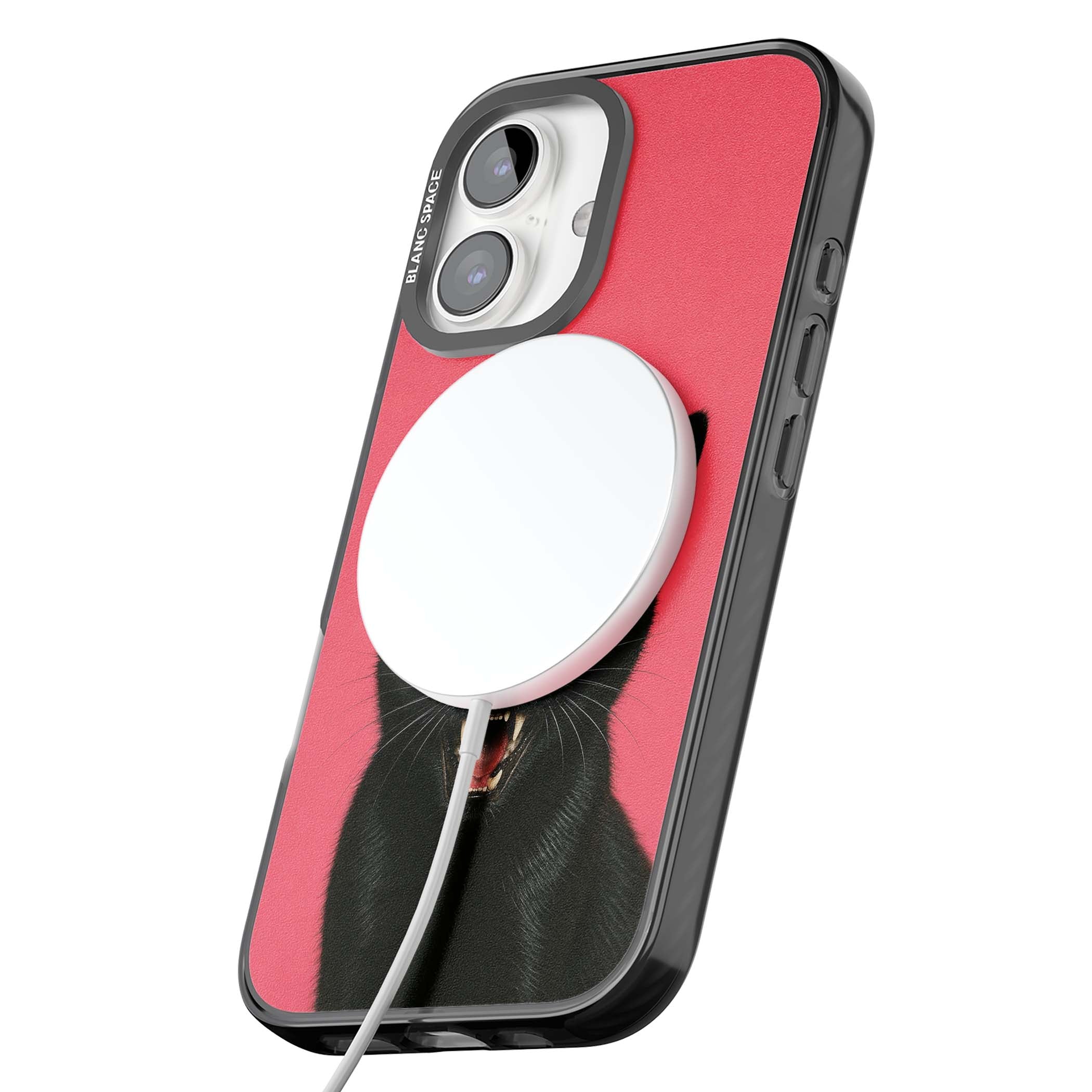 Hissin' Baddie black cat iPhone case featuring a hissing feline with green eyes on a hot pink background | Black Impact Magsafe case for iPhone 16, iPhone 16 Plus
