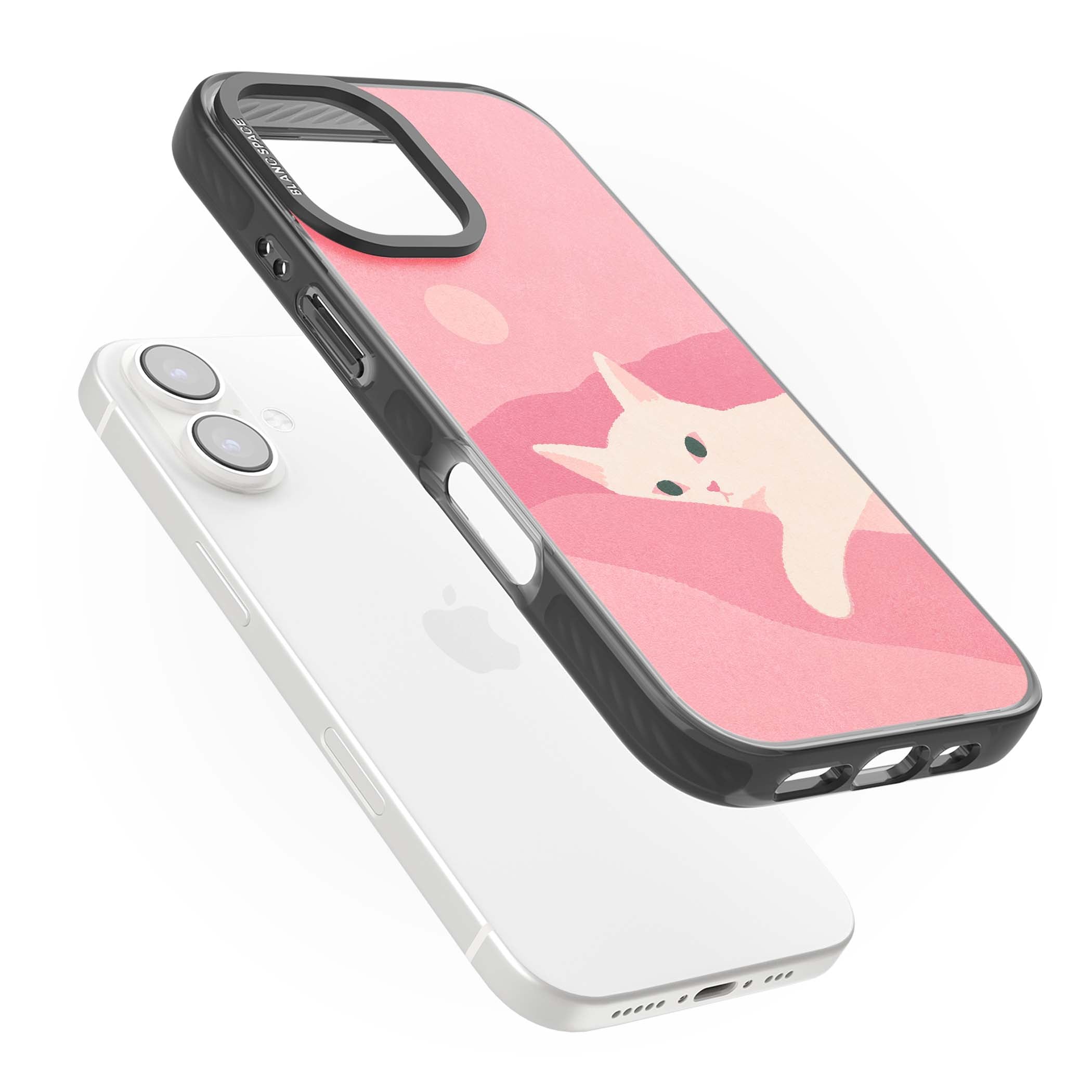 Pink Dreams cute cat iPhone case featuring a white kitten, soft pink hills and a pale pastel sun | Black Impact Magsafe case for iPhone 16, iPhone 16 Plus
