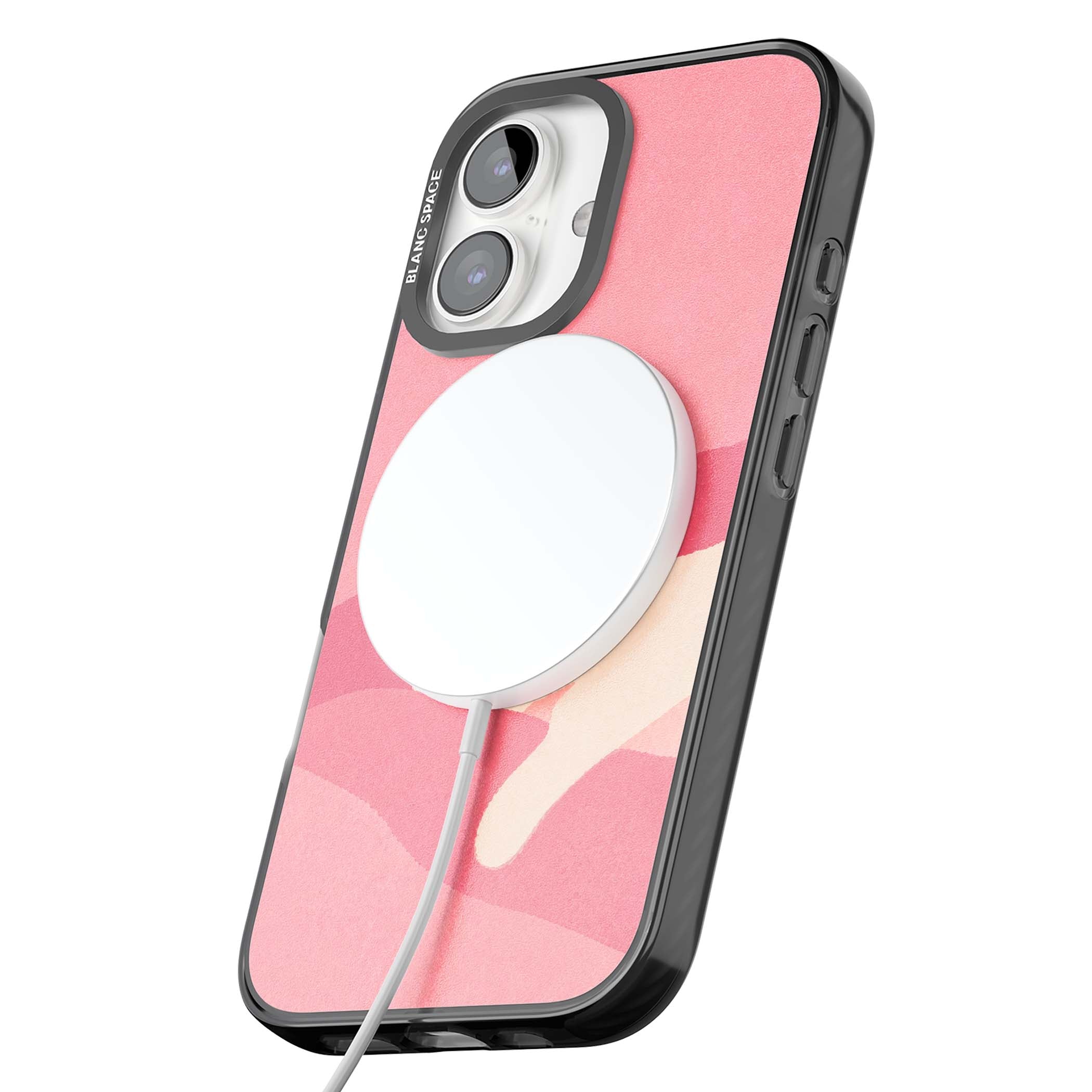 Pink Dreams cute cat iPhone case featuring a white kitten, soft pink hills and a pale pastel sun | Black Impact Magsafe case for iPhone 16, iPhone 16 Plus