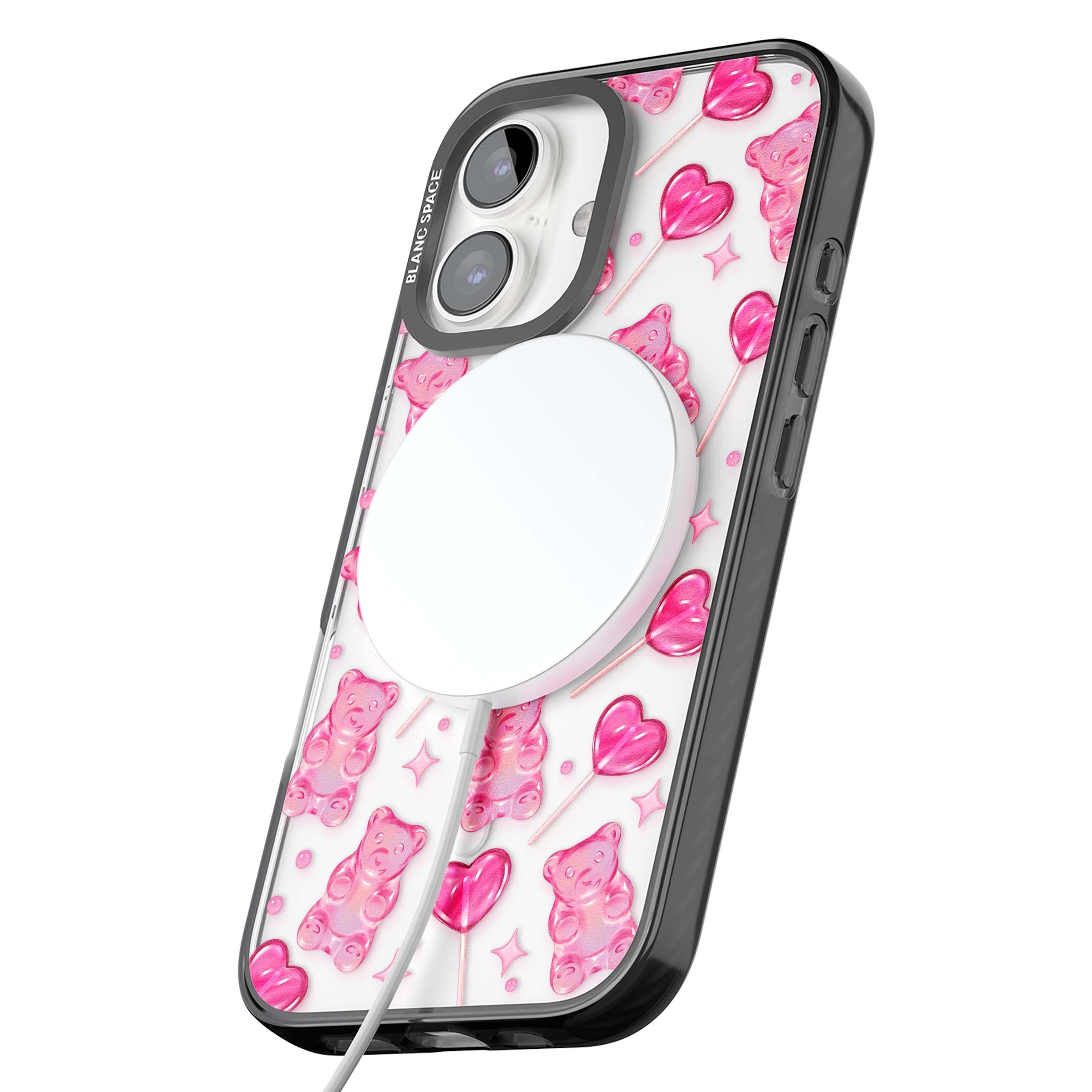 Pink Sugar pinkcore iPhone case featuring pink gummy bears, heart-shaped lollipops and sparkle stars | Black Impact Magsafe case for iPhone 16, iPhone 16 Plus
