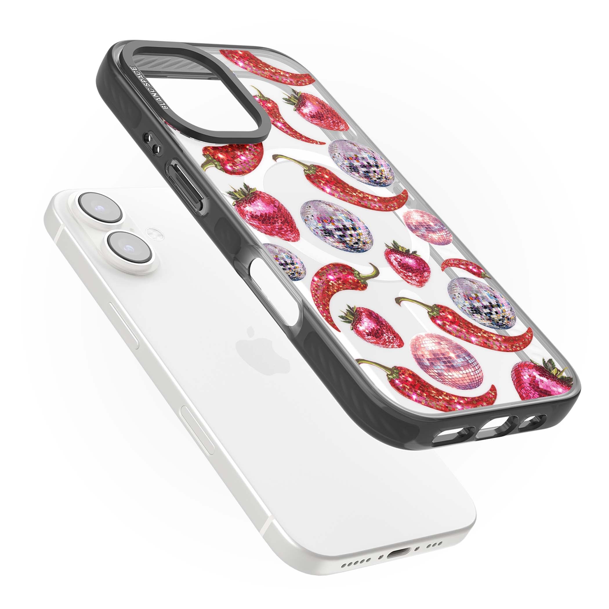 Spicy Disco Y2K iPhone case featuring glitter disco balls, sparkly strawberries and red chilli peppers | Black Impact Magsafe case for iPhone 16, iPhone 16 Plus