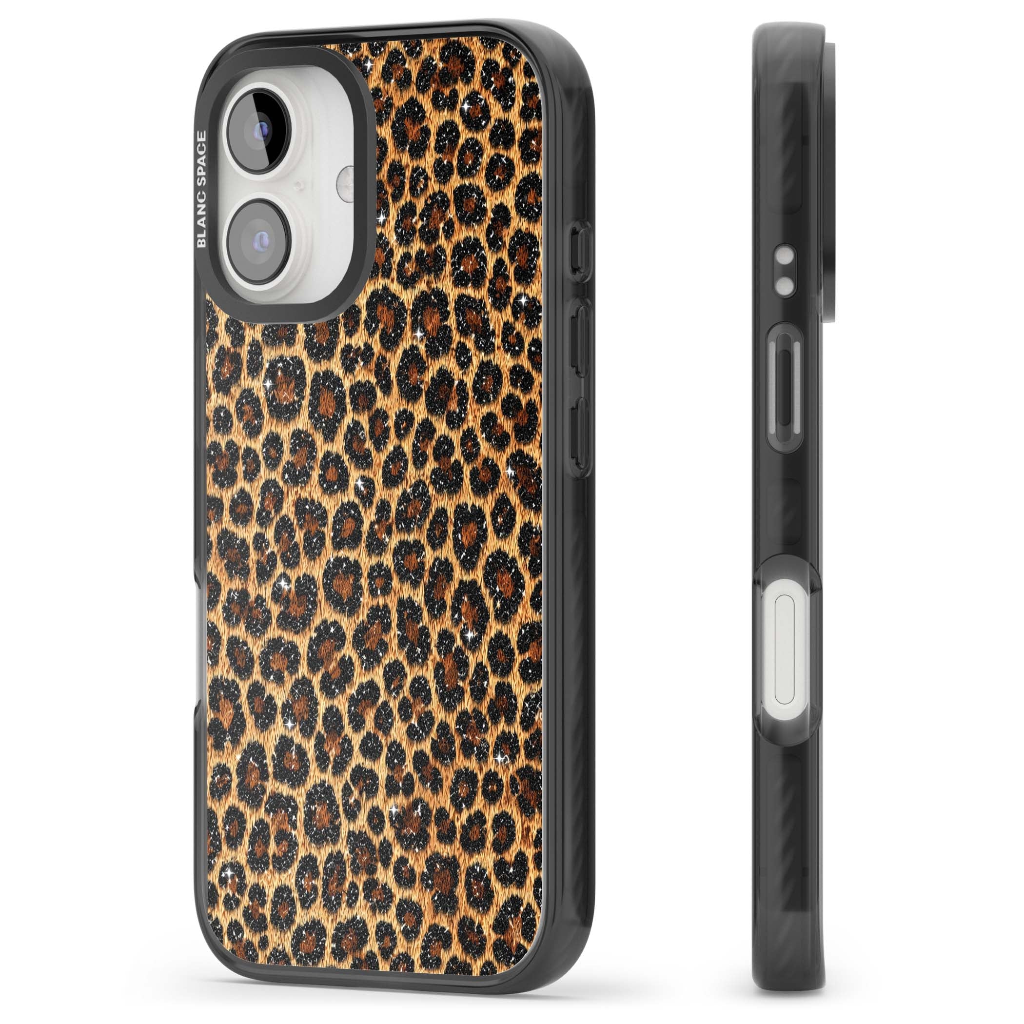 Diamond Leopard leopard print iPhone case featuring golden tan fur, black rosette spots and subtle glitter sparkle | Black Impact Magsafe case for iPhone 16, iPhone 16 Plus