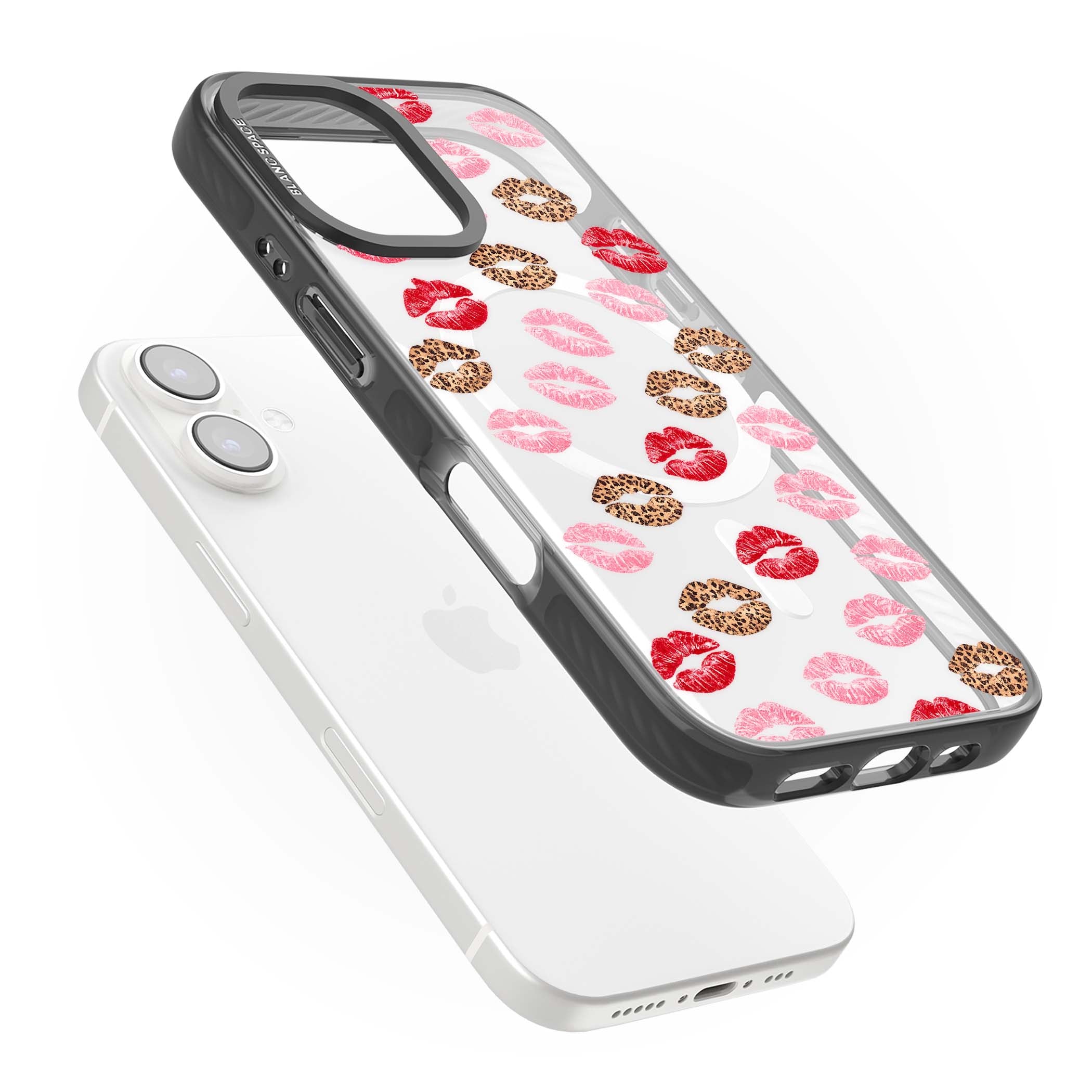 Wild Kisses coquette iPhone case featuring red, pink and leopard print lipstick kiss marks on a clear background | Black Impact Magsafe case for iPhone 16, iPhone 16 Plus