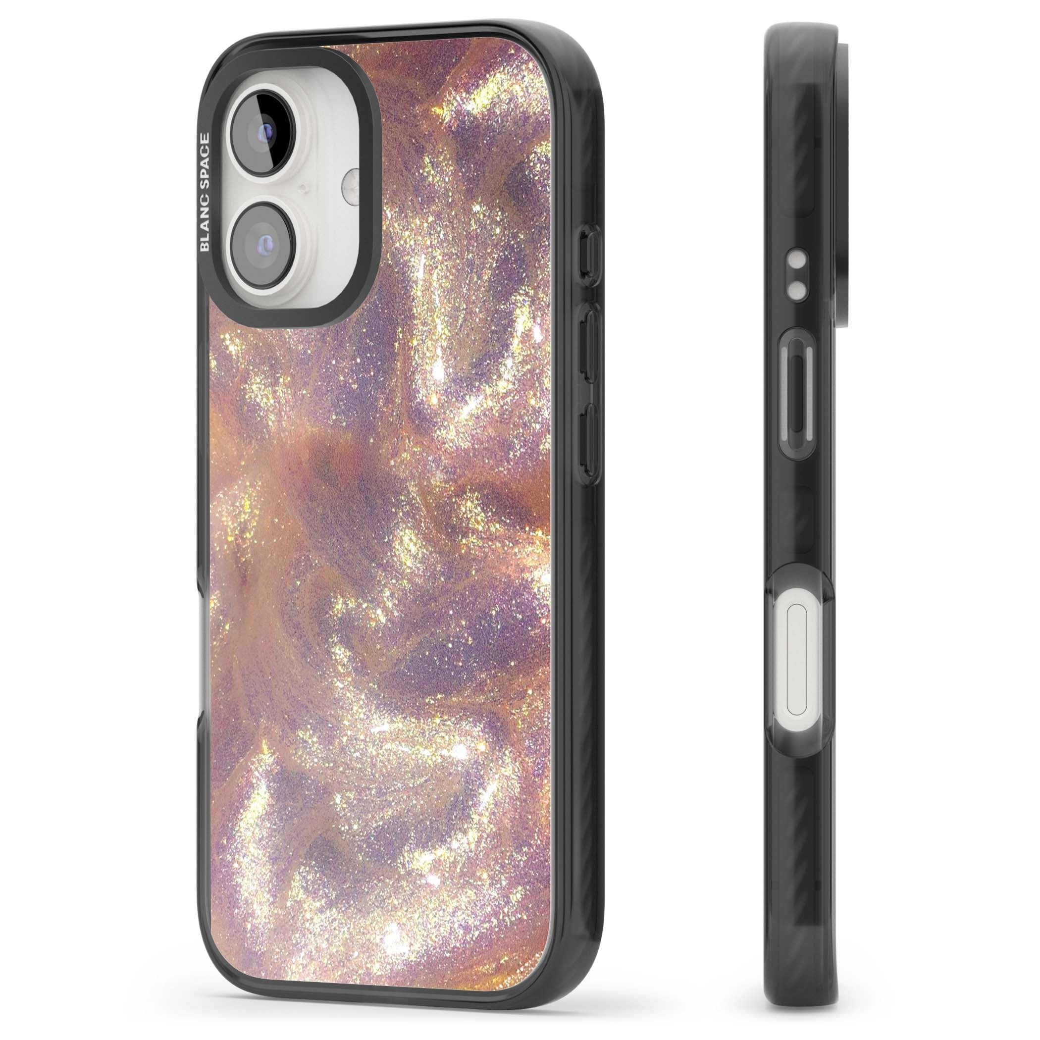Shimmer marble iPhone case featuring rose gold glitter swirls, lilac shimmer and iridescent pearl finish | Black Impact Magsafe case for iPhone 16, iPhone 16 Plus