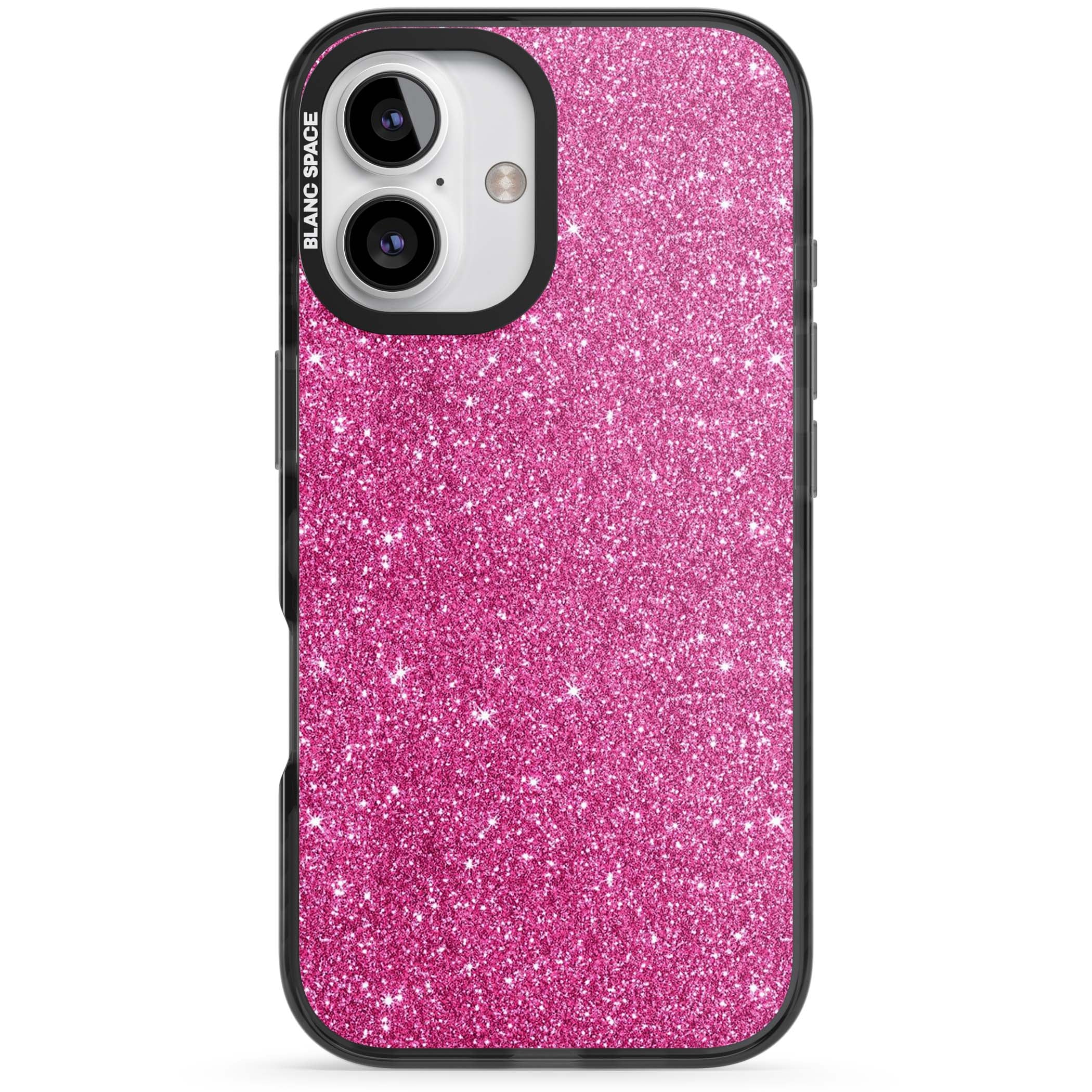 Pink Glitter Y2K iPhone case featuring hot pink glitter wallpaper with sparkle shimmer effect | Black Impact Magsafe case for iPhone 16, iPhone 16 Plus