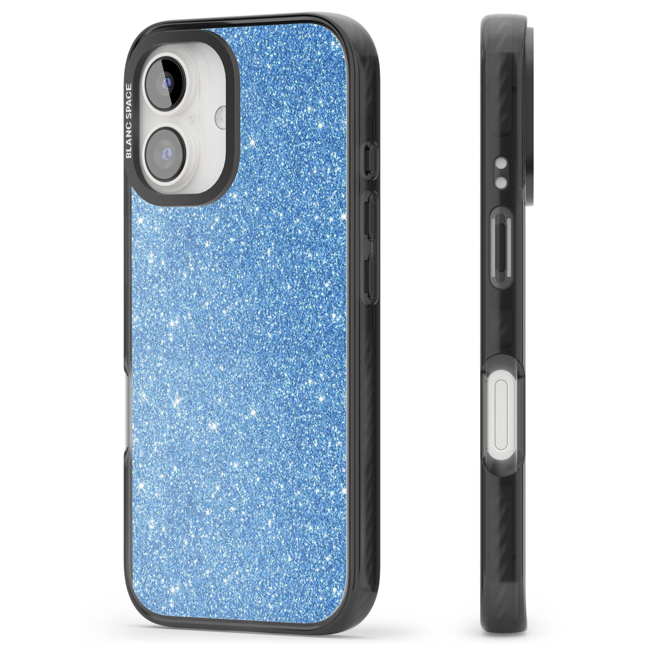 Blue Glitter blue glitter iPhone case featuring dense sparkling cerulean glitter with a glamorous shimmering finish | Black Impact Magsafe case for iPhone 16, iPhone 16 Plus