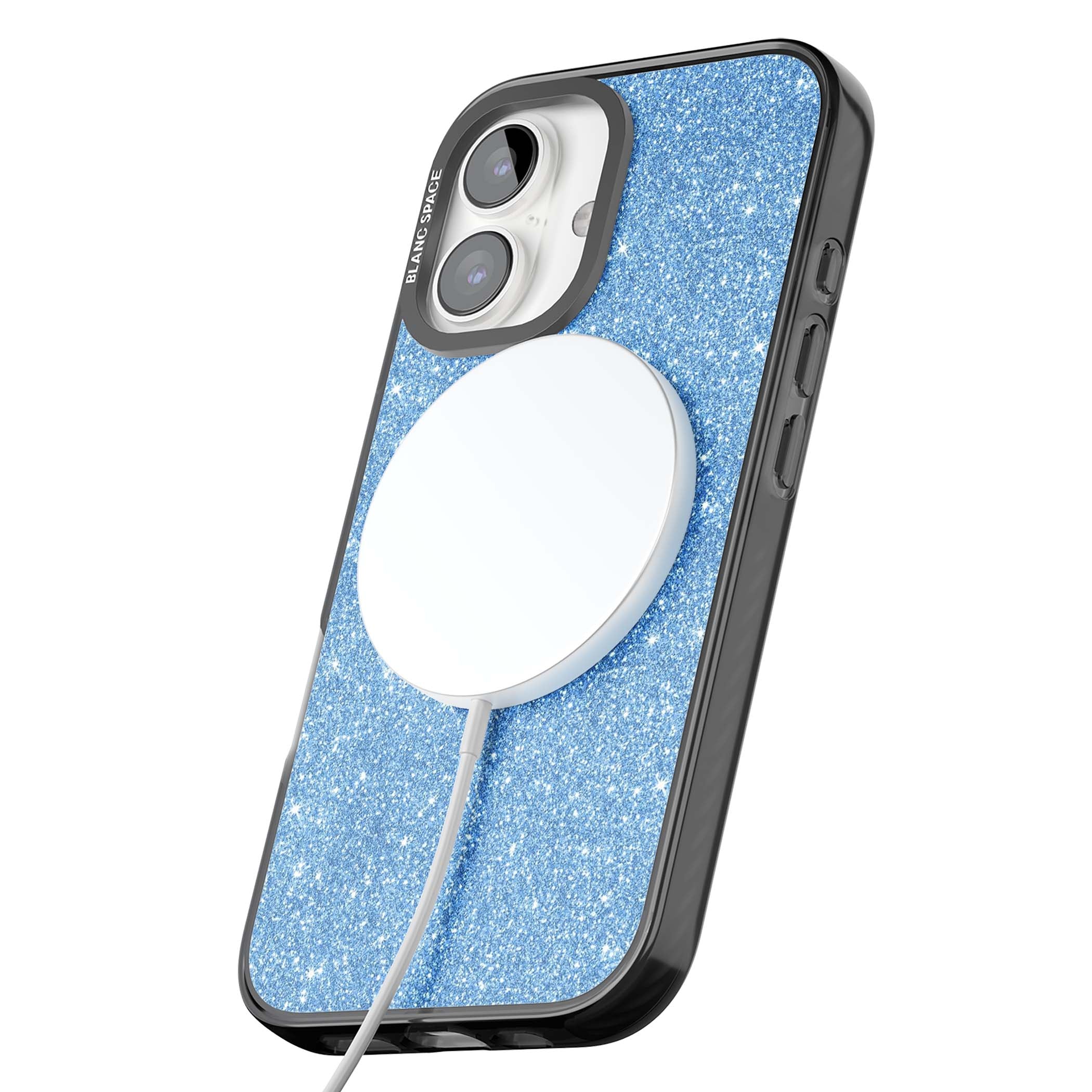 Blue Glitter blue glitter iPhone case featuring dense sparkling cerulean glitter with a glamorous shimmering finish | Black Impact Magsafe case for iPhone 16, iPhone 16 Plus