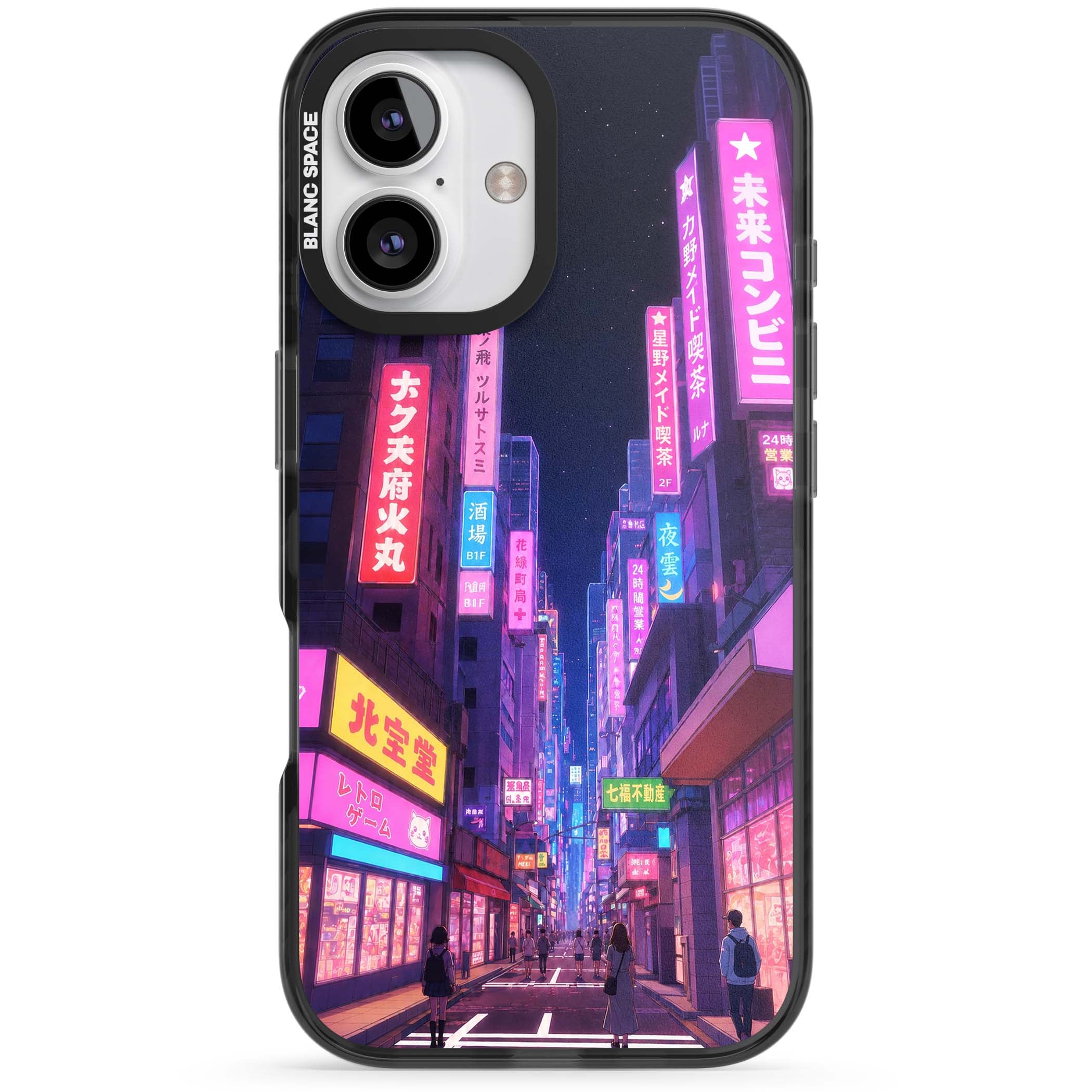 Shibuya At Night Japanese neon city iPhone case featuring glowing kanji signs, pink storefronts and a Tokyo street at n | Black Impact Magsafe case for iPhone 16, iPhone 16 Plus