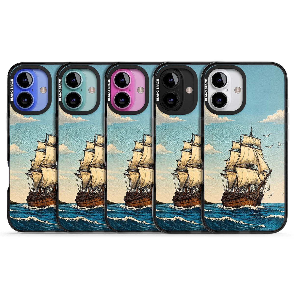 Ship at Sea nautical iPhone case featuring a vintage tall ship, ocean waves and seagulls | Black Impact Magsafe case for iPhone 16, iPhone 16 Plus