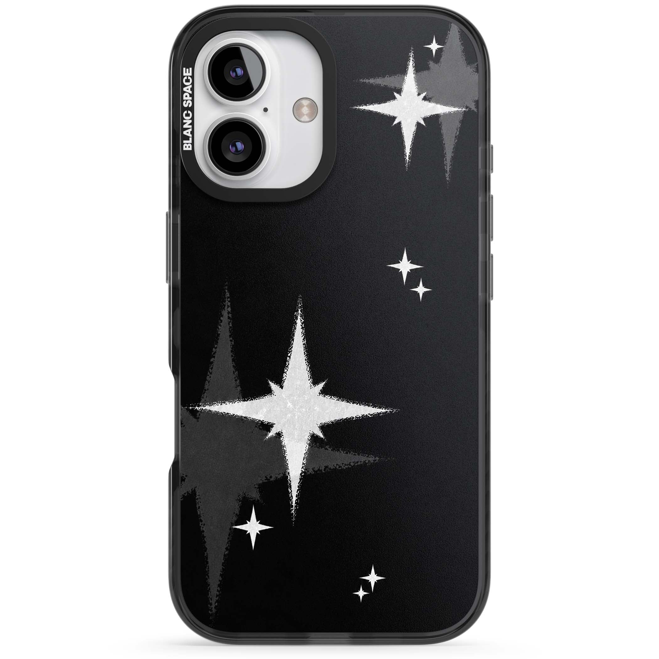 Black Sparkle celestial iPhone case featuring white sparkle stars on a black night sky background | Black Impact Magsafe case for iPhone 16, iPhone 16 Plus