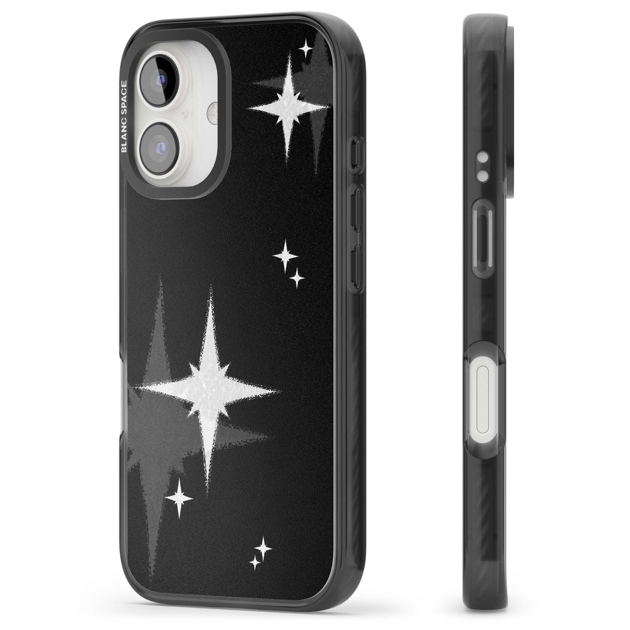 Black Sparkle celestial iPhone case featuring white sparkle stars on a black night sky background | Black Impact Magsafe case for iPhone 16, iPhone 16 Plus
