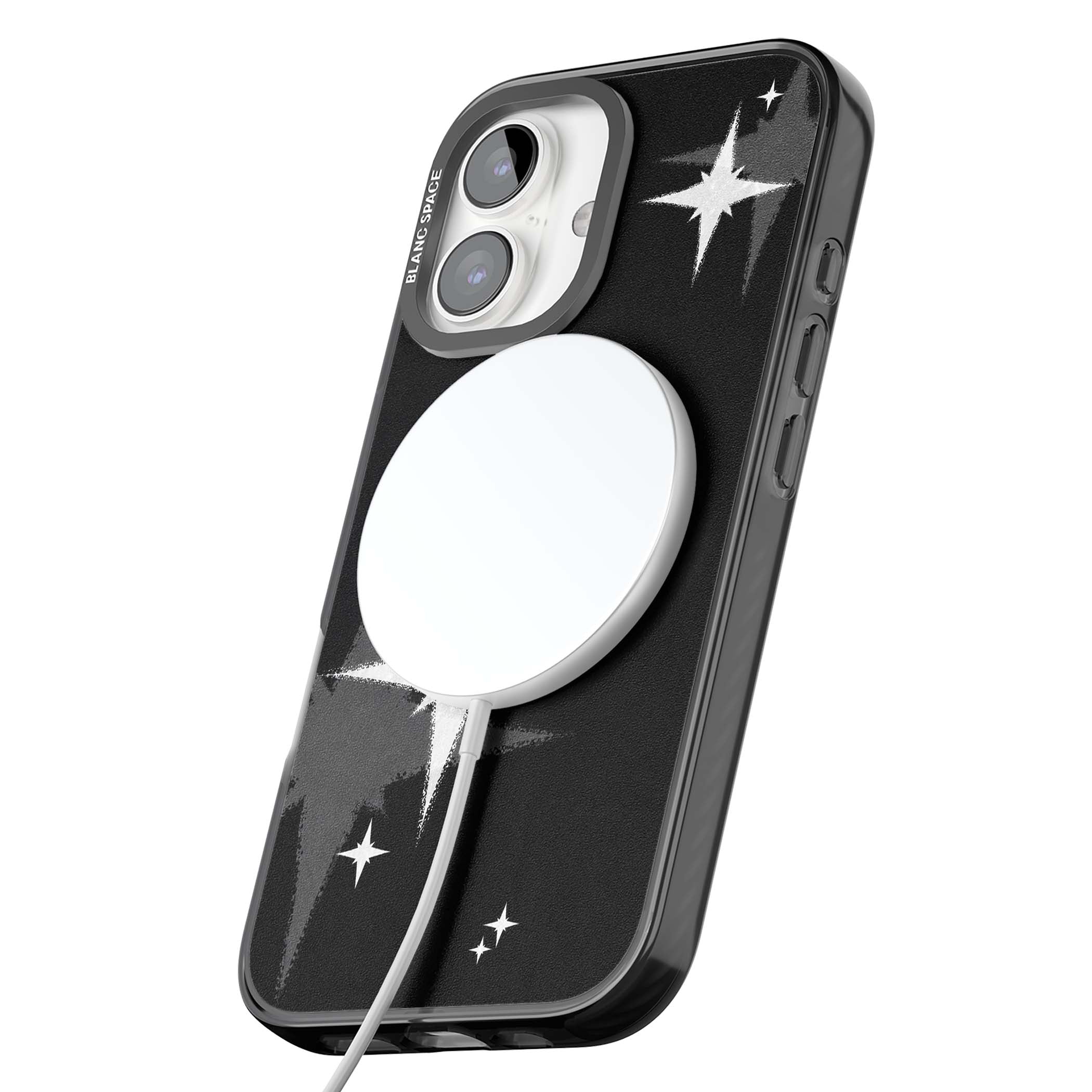 Black Sparkle celestial iPhone case featuring white sparkle stars on a black night sky background | Black Impact Magsafe case for iPhone 16, iPhone 16 Plus