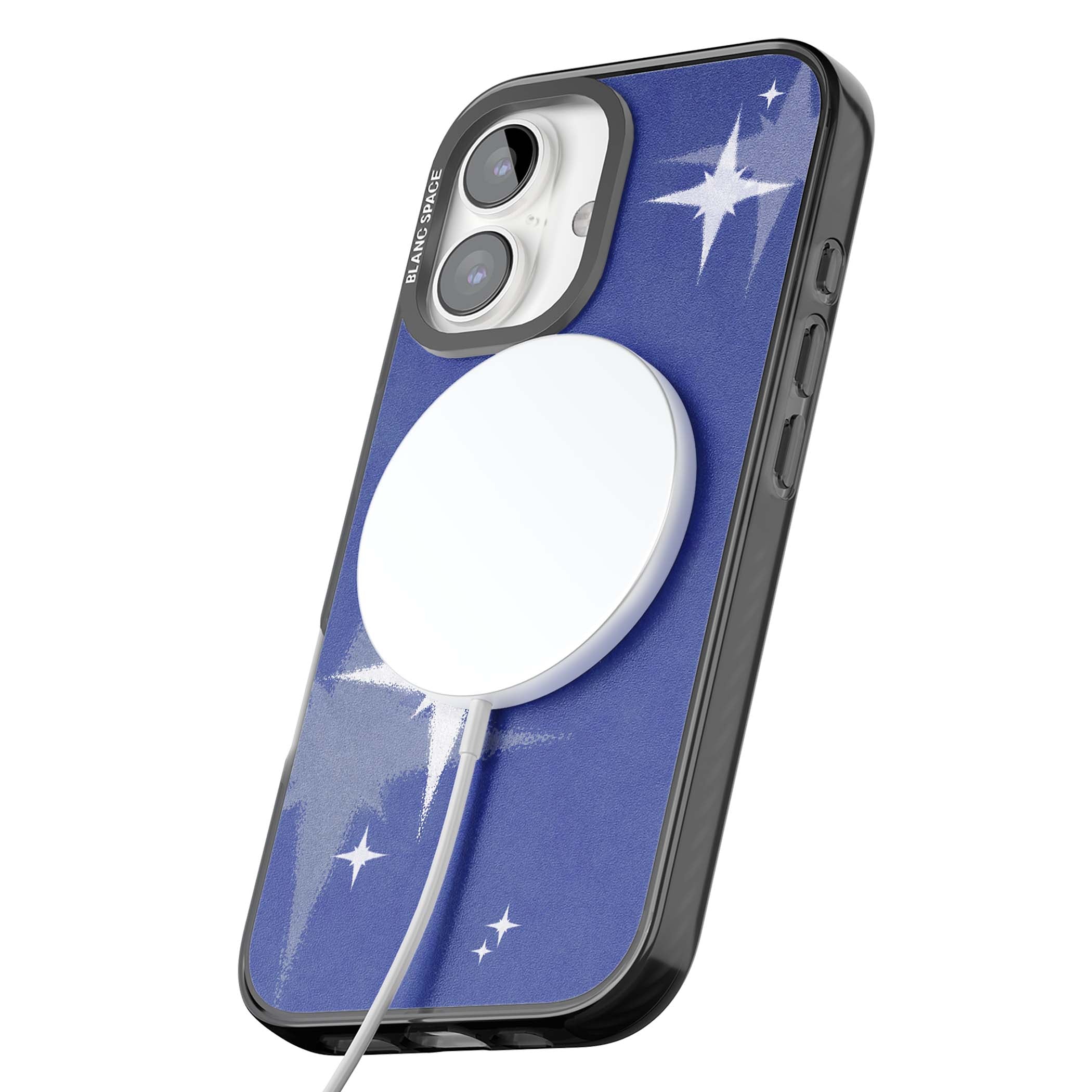 Blue Sparkle celestial iPhone case featuring sparkling silver stars on a deep blue painterly night sky | Black Impact Magsafe case for iPhone 16, iPhone 16 Plus