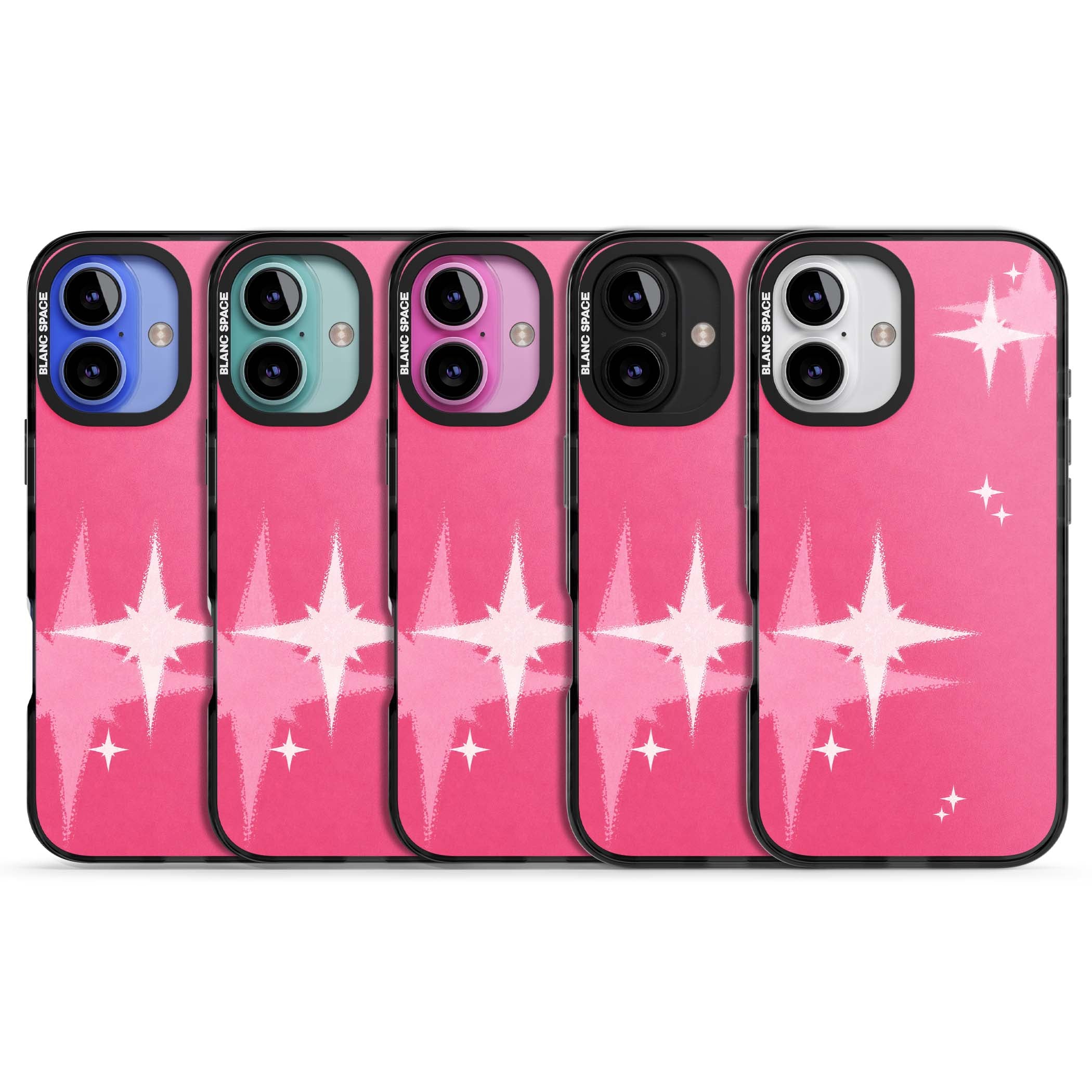Pink Sparkle Y2K iPhone case featuring hot pink background with shimmering white starburst pattern | Black Impact Magsafe case for iPhone 16, iPhone 16 Plus