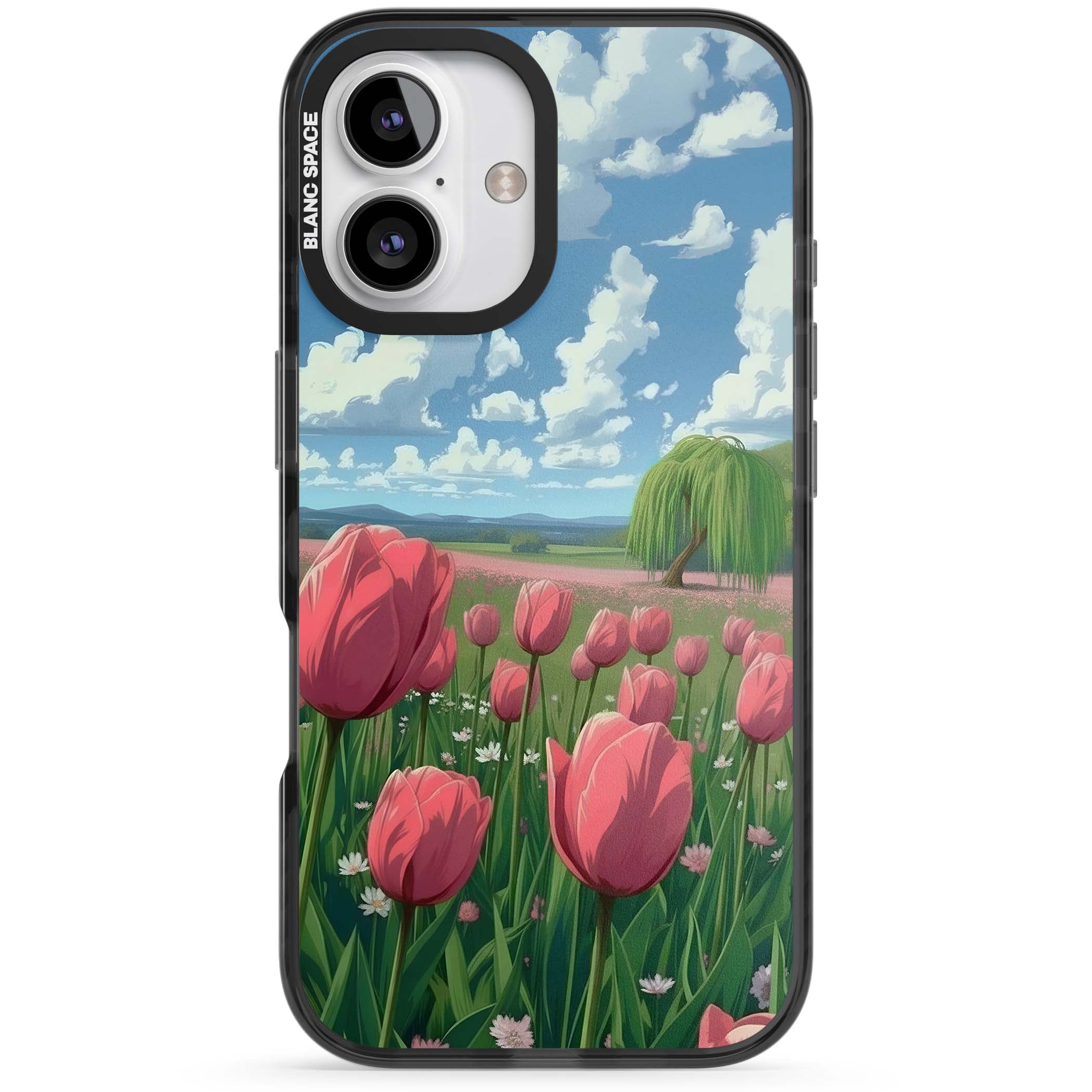 Willow By The Pink Tulips floral iPhone case | Black Impact Magsafe case for iPhone 16, iPhone 16 Plus