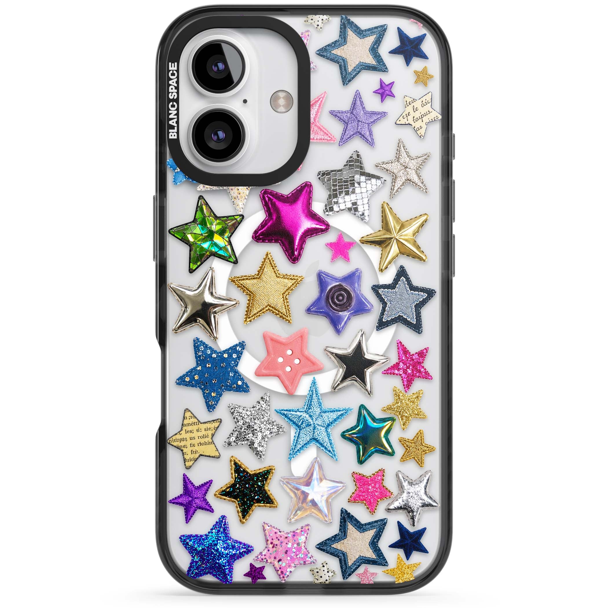 Crafty Star Mix Y2K iPhone case featuring embroidered, sequinned and glitter star patches in rainbow colours | Black Impact Magsafe case for iPhone 16, iPhone 16 Plus