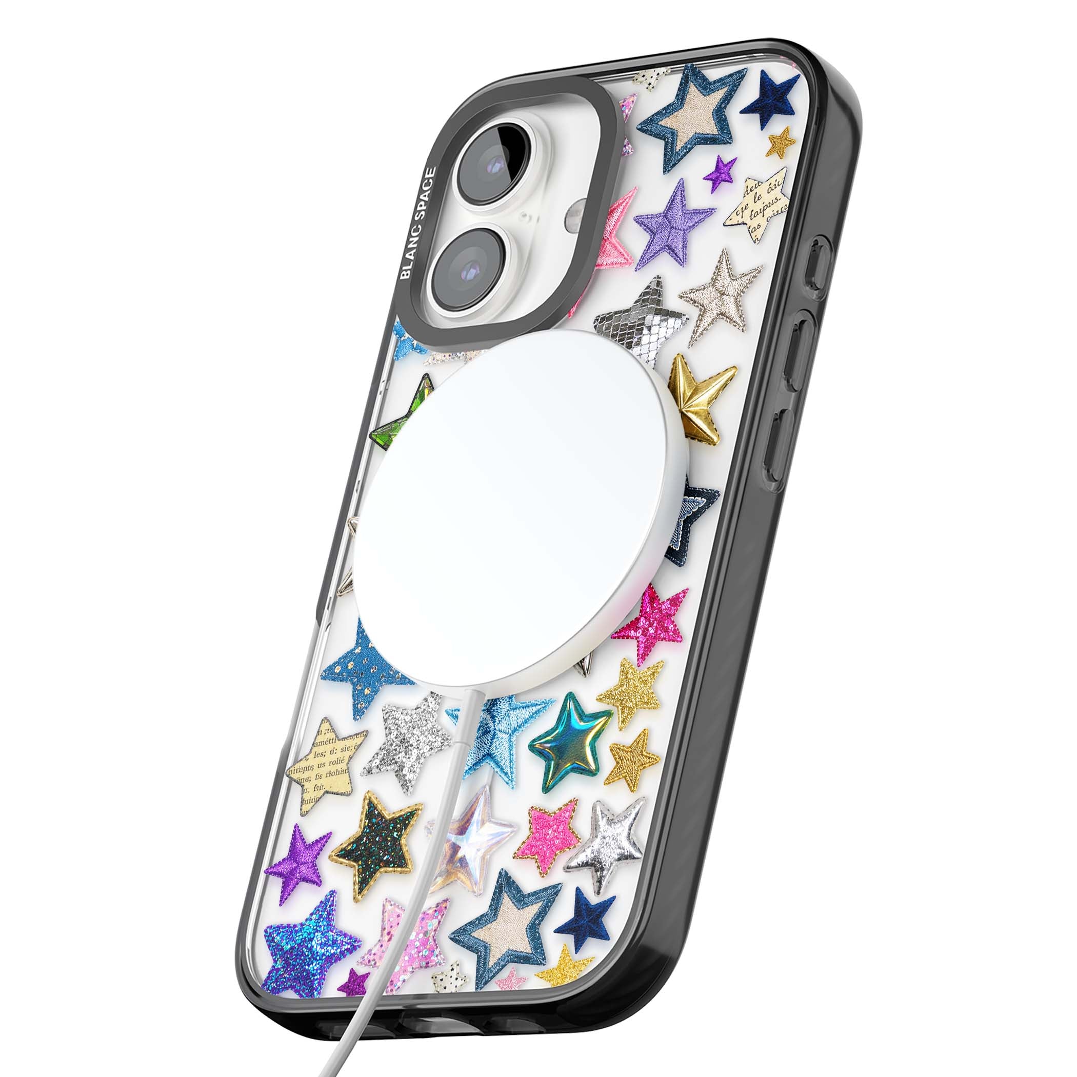 Crafty Star Mix Y2K iPhone case featuring embroidered, sequinned and glitter star patches in rainbow colours | Black Impact Magsafe case for iPhone 16, iPhone 16 Plus