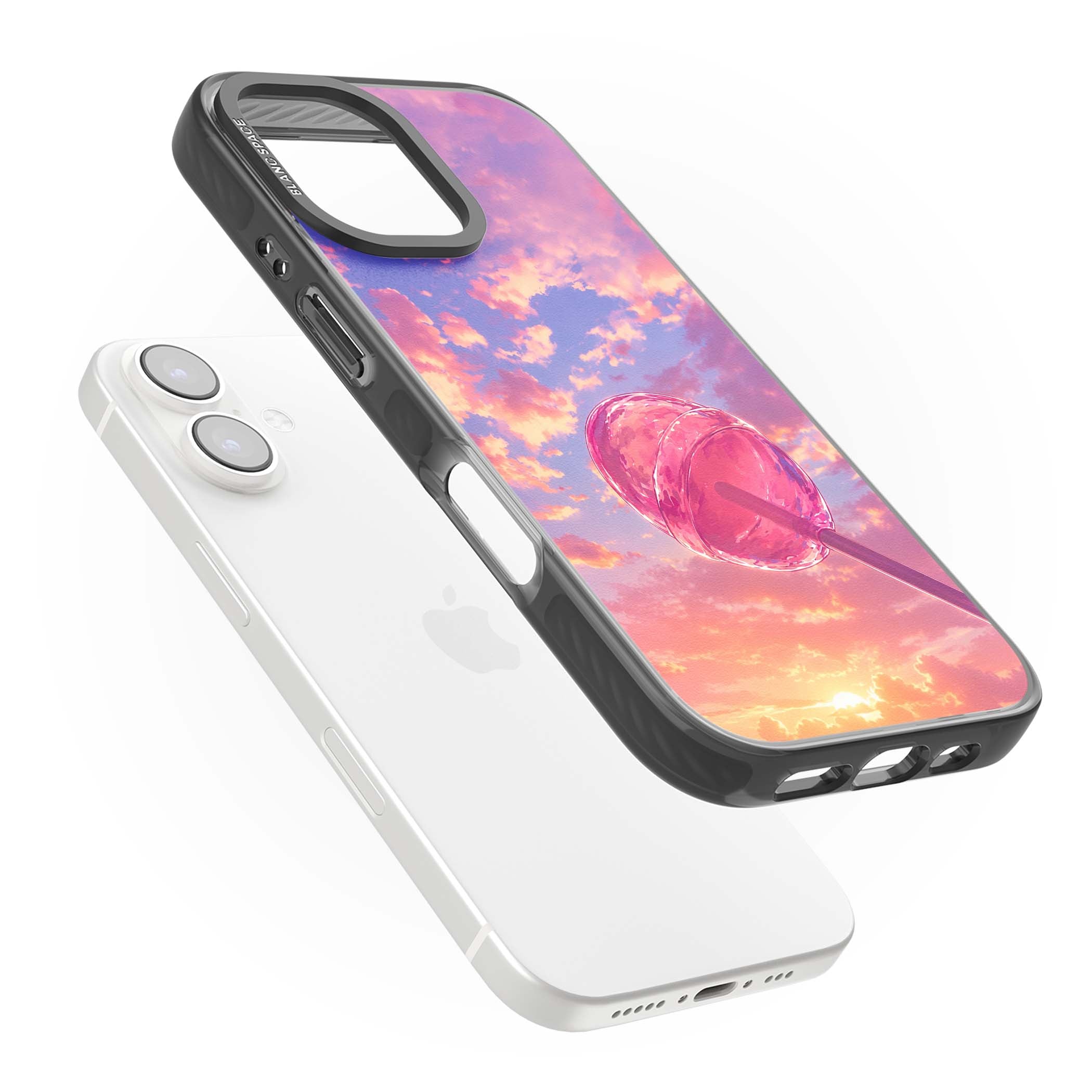 Sugar Sunset candy aesthetic iPhone case featuring a pink lollipop, pastel sunset sky and dreamy clouds | Black Impact Magsafe case for iPhone 16, iPhone 16 Plus