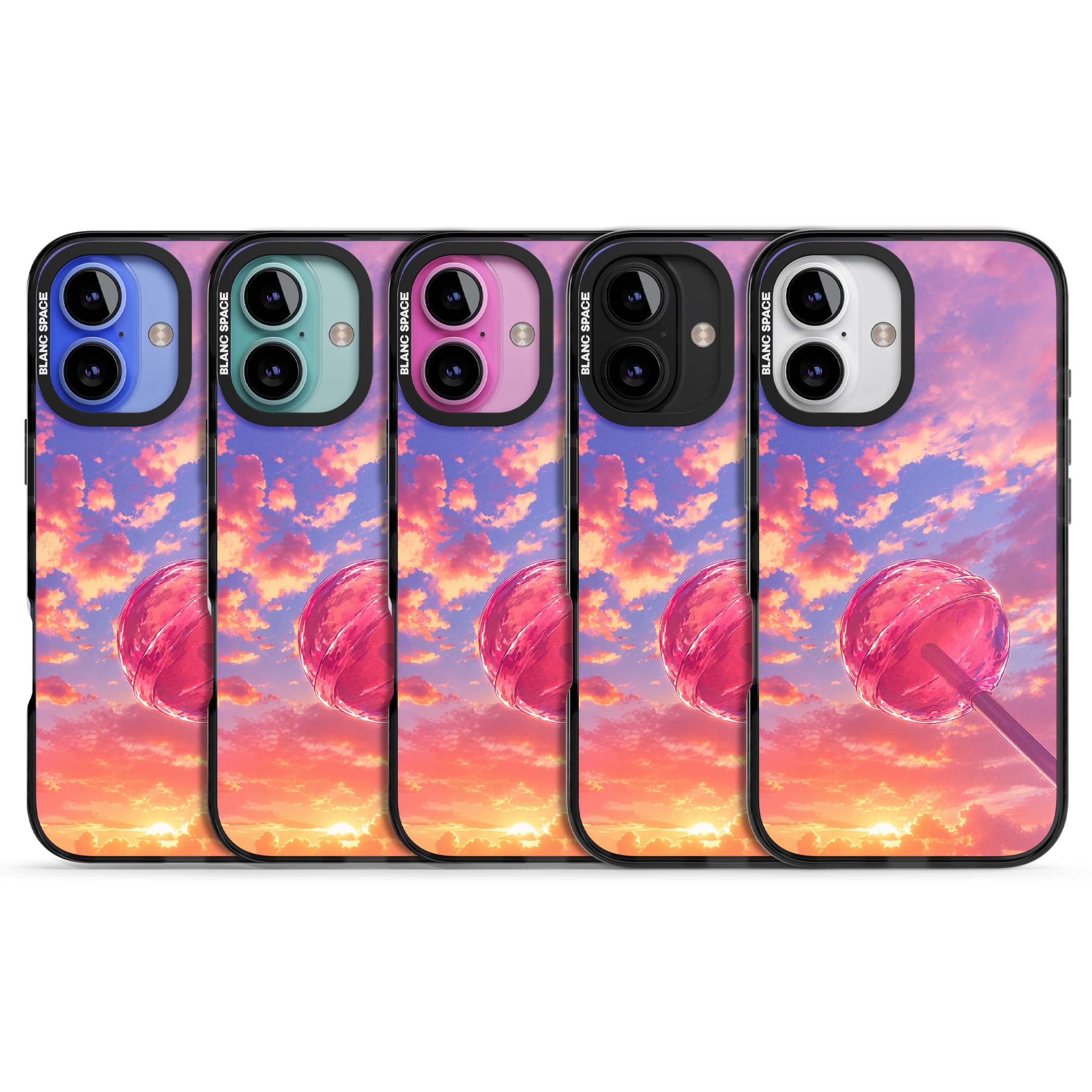 Sugar Sunset candy aesthetic iPhone case featuring a pink lollipop, pastel sunset sky and dreamy clouds | Black Impact Magsafe case for iPhone 16, iPhone 16 Plus