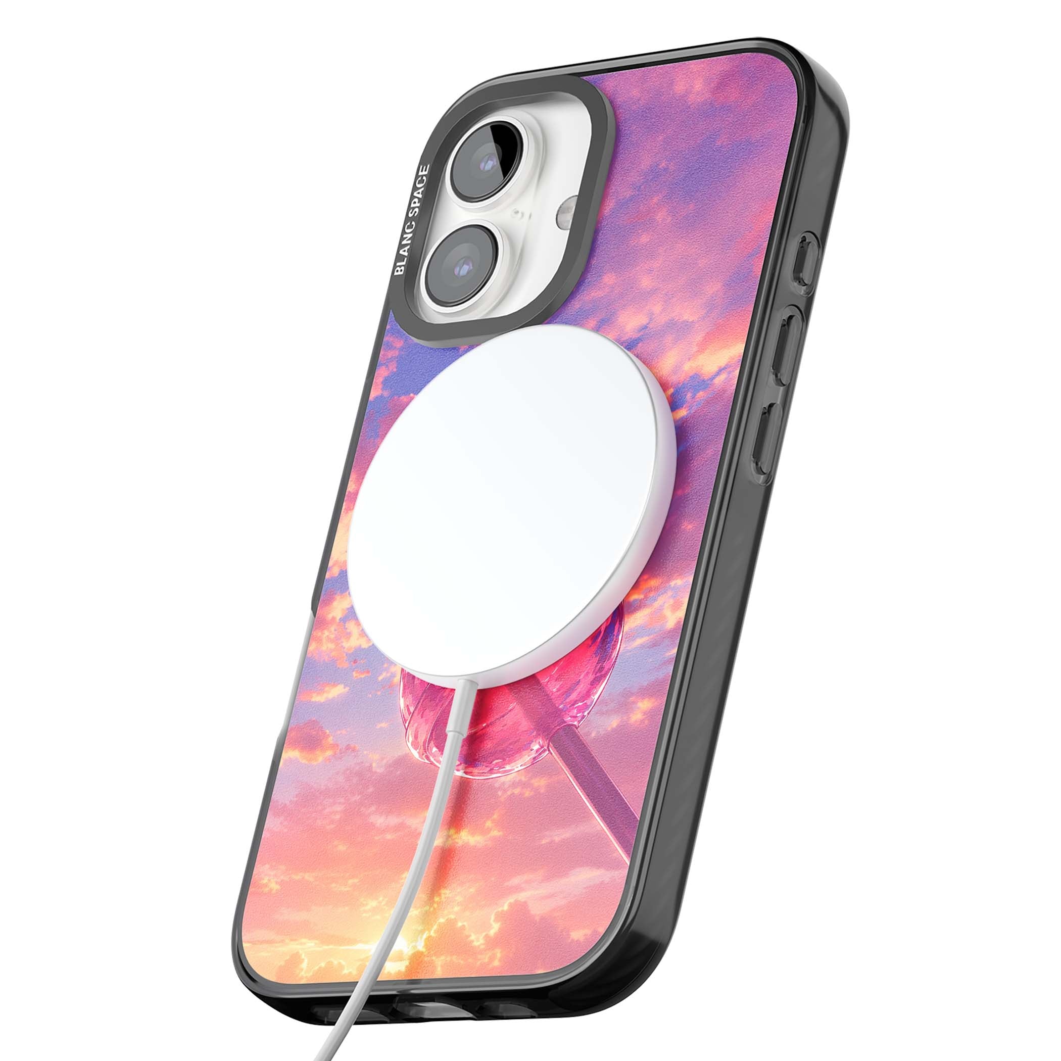 Sugar Sunset candy aesthetic iPhone case featuring a pink lollipop, pastel sunset sky and dreamy clouds | Black Impact Magsafe case for iPhone 16, iPhone 16 Plus