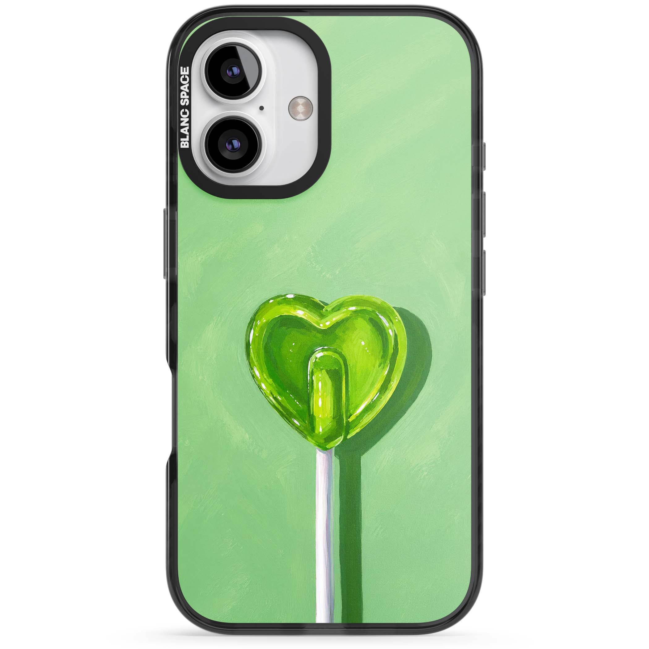 Green Lollipop candy art iPhone case featuring a glossy green heart-shaped lollipop on a painted pastel green background | Black Impact Magsafe case for iPhone 16, iPhone 16 Plus