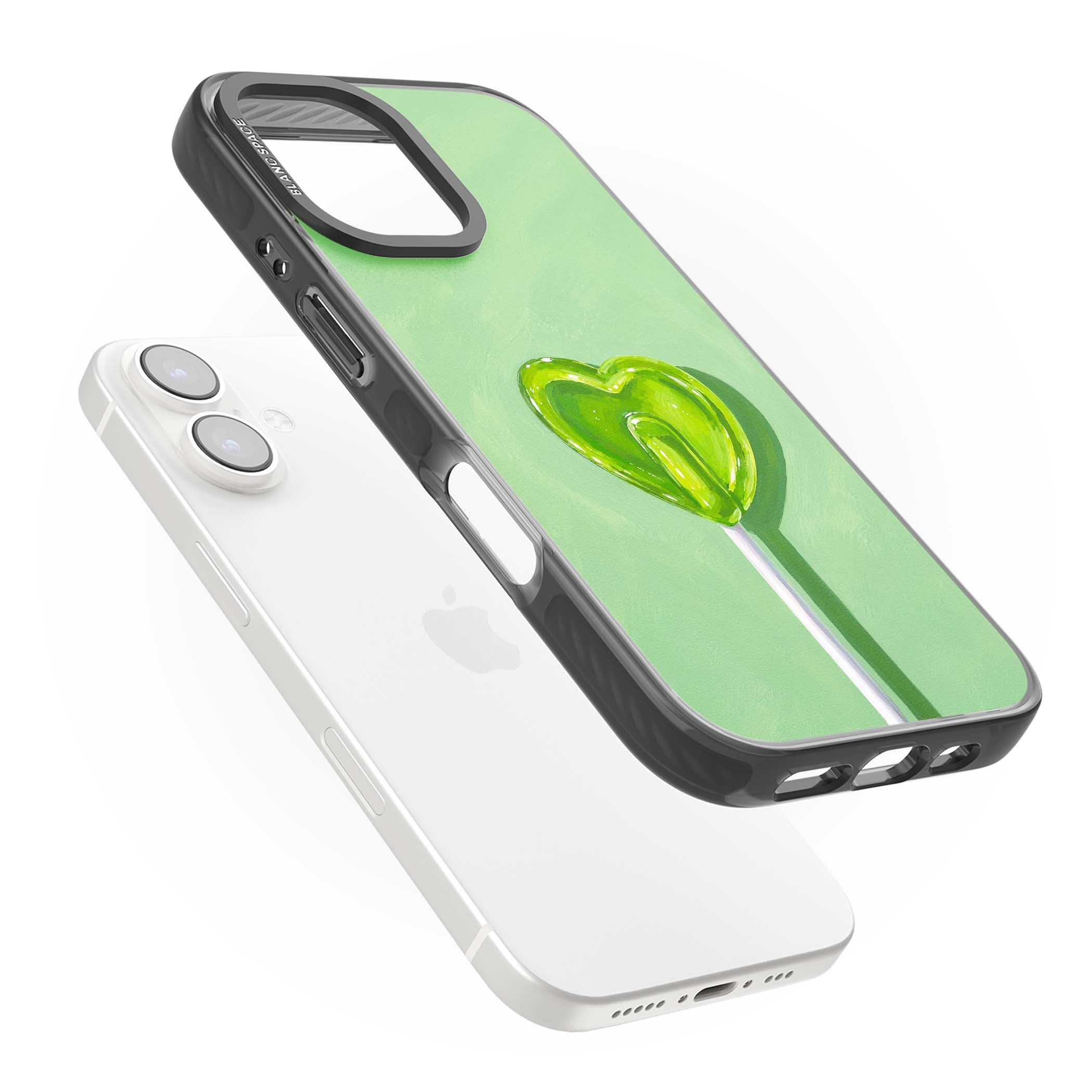 Green Lollipop candy art iPhone case featuring a glossy green heart-shaped lollipop on a painted pastel green background | Black Impact Magsafe case for iPhone 16, iPhone 16 Plus