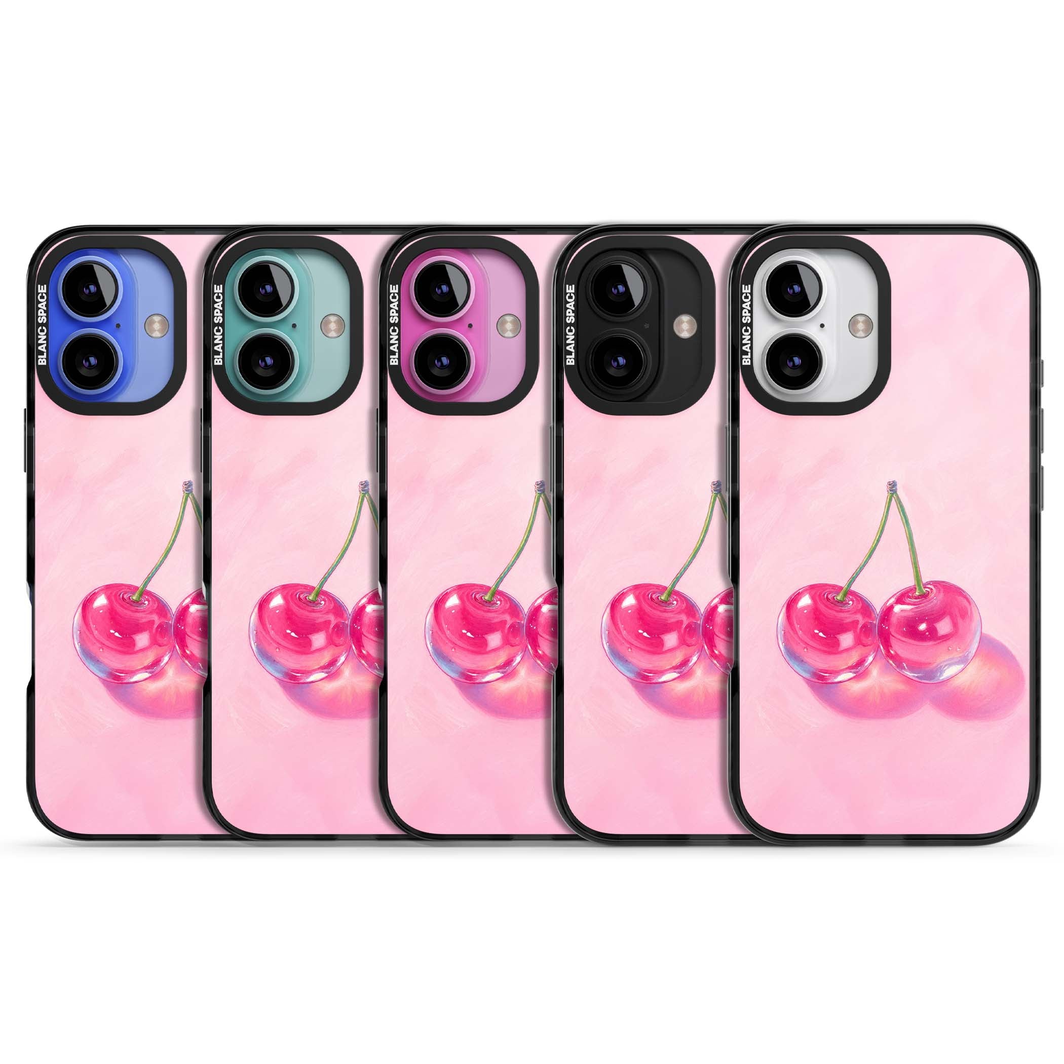 Pink Glass Cherry coquette iPhone case featuring two glossy painted cherries on a soft pink background | Black Impact Magsafe case for iPhone 16, iPhone 16 Plus