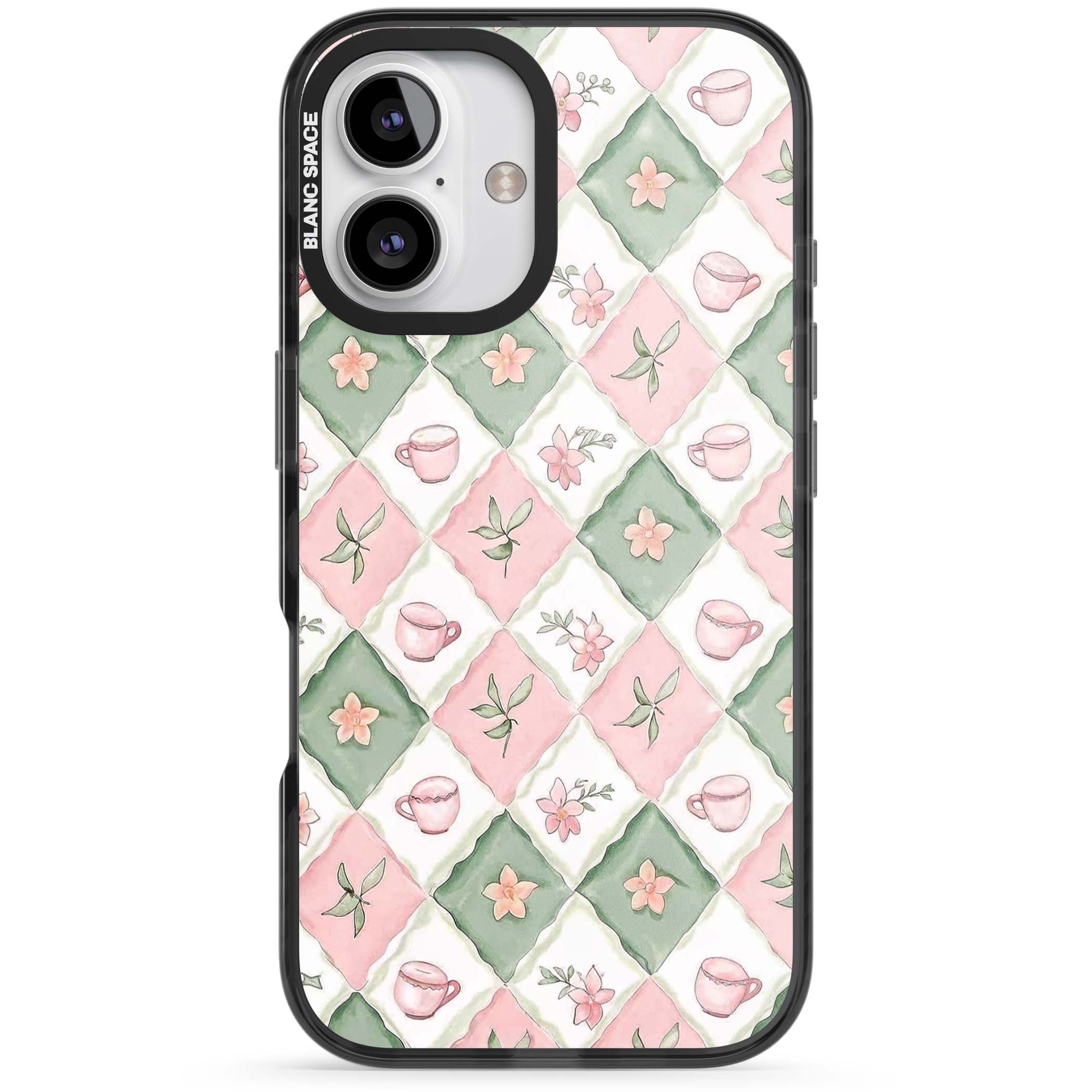 Garden Tea Party coquette iPhone case with pink and green checkered pattern, watercolour teacups and wildflowers | Black Impact Magsafe case for iPhone 16, iPhone 16 Plus