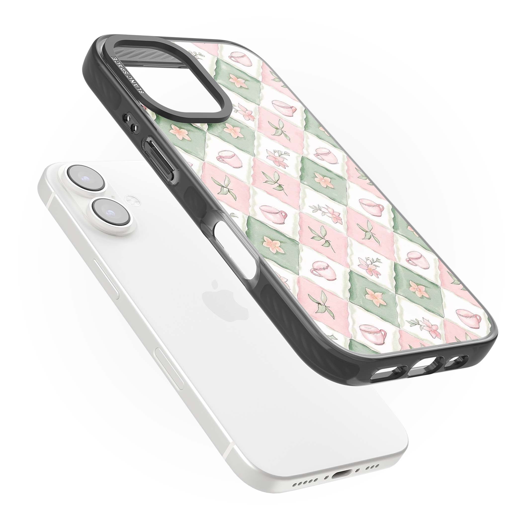 Garden Tea Party coquette iPhone case with pink and green checkered pattern, watercolour teacups and wildflowers | Black Impact Magsafe case for iPhone 16, iPhone 16 Plus