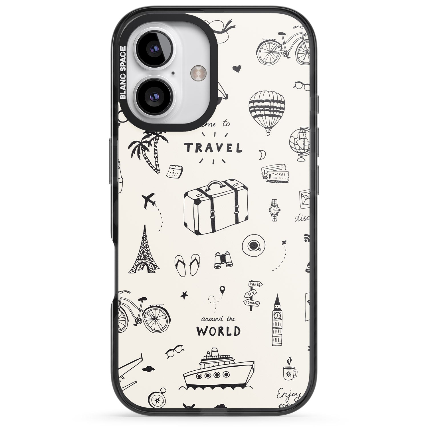 iPhone 16 Pro Max Cute Travel Pattern, White on Black Impact Phone Case