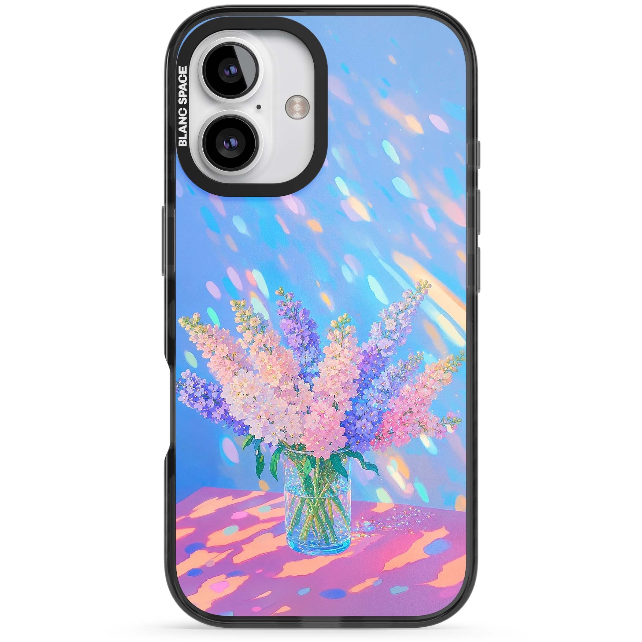 Bubblegum Flowers floral iPhone case featuring pastel lilac and pink bouquet in a glass vase with iridescent light | Black Impact Magsafe case for iPhone 16, iPhone 16 Plus