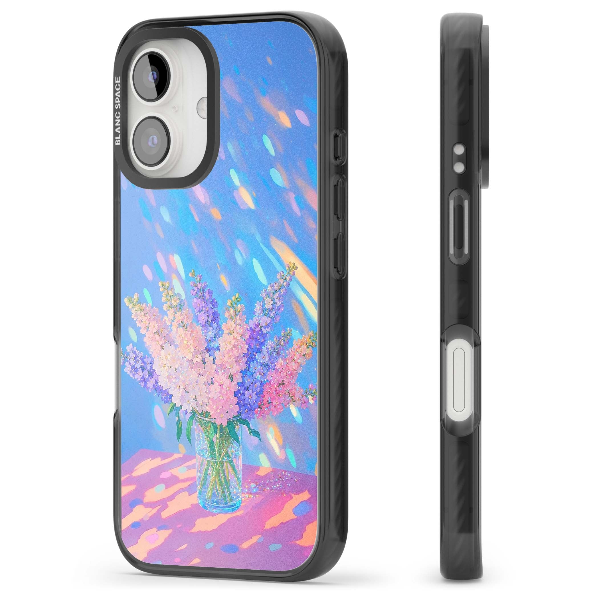 Bubblegum Flowers floral iPhone case featuring pastel lilac and pink bouquet in a glass vase with iridescent light | Black Impact Magsafe case for iPhone 16, iPhone 16 Plus