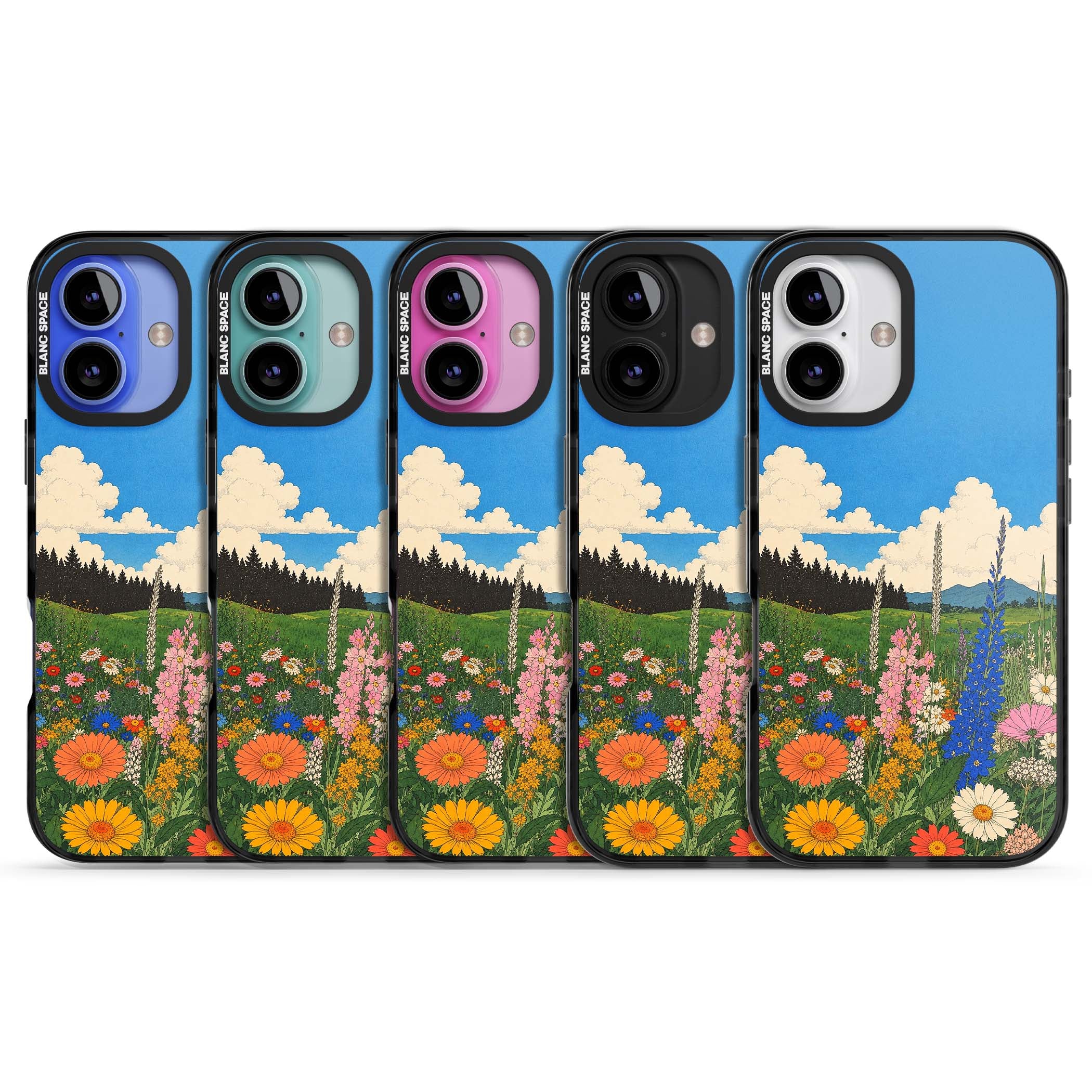 Wildbloom wildflower iPhone case featuring a vintage Japanese-style meadow landscape with daisies, delphiniums and moun | Black Impact Magsafe case for iPhone 16, iPhone 16 Plus