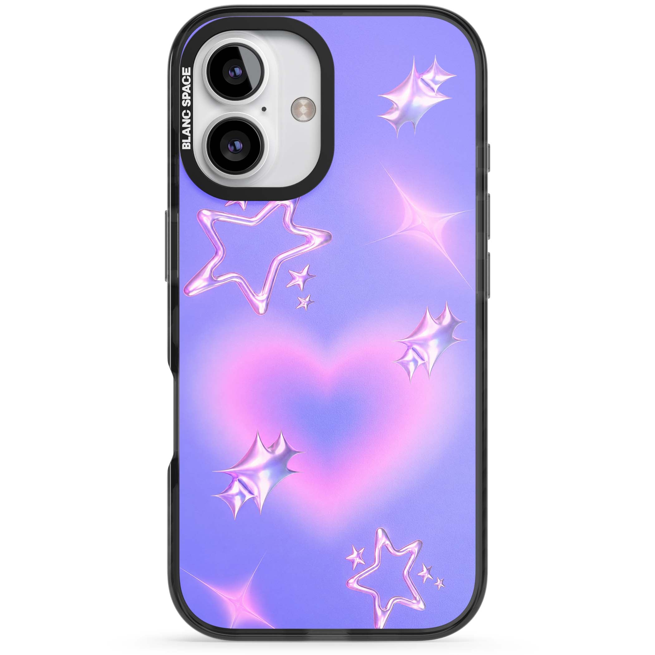 Soft Sugar Y2K iPhone case featuring iridescent chrome hearts, metallic pink stars and a lavender gradient sky | Black Impact Magsafe case for iPhone 16, iPhone 16 Plus