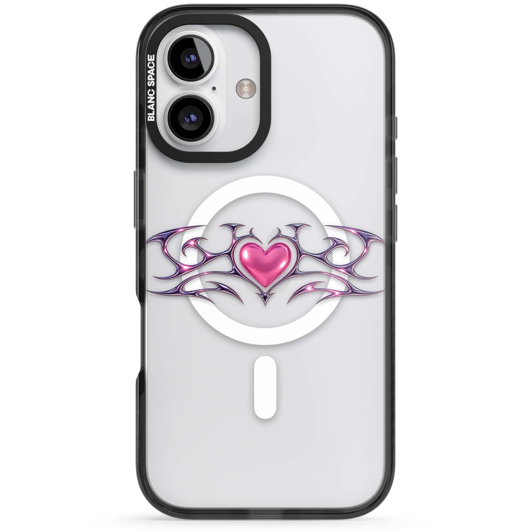 Pink Chrome Heart y2k iPhone case | Black Impact Magsafe case for iPhone 16, iPhone 16 Plus