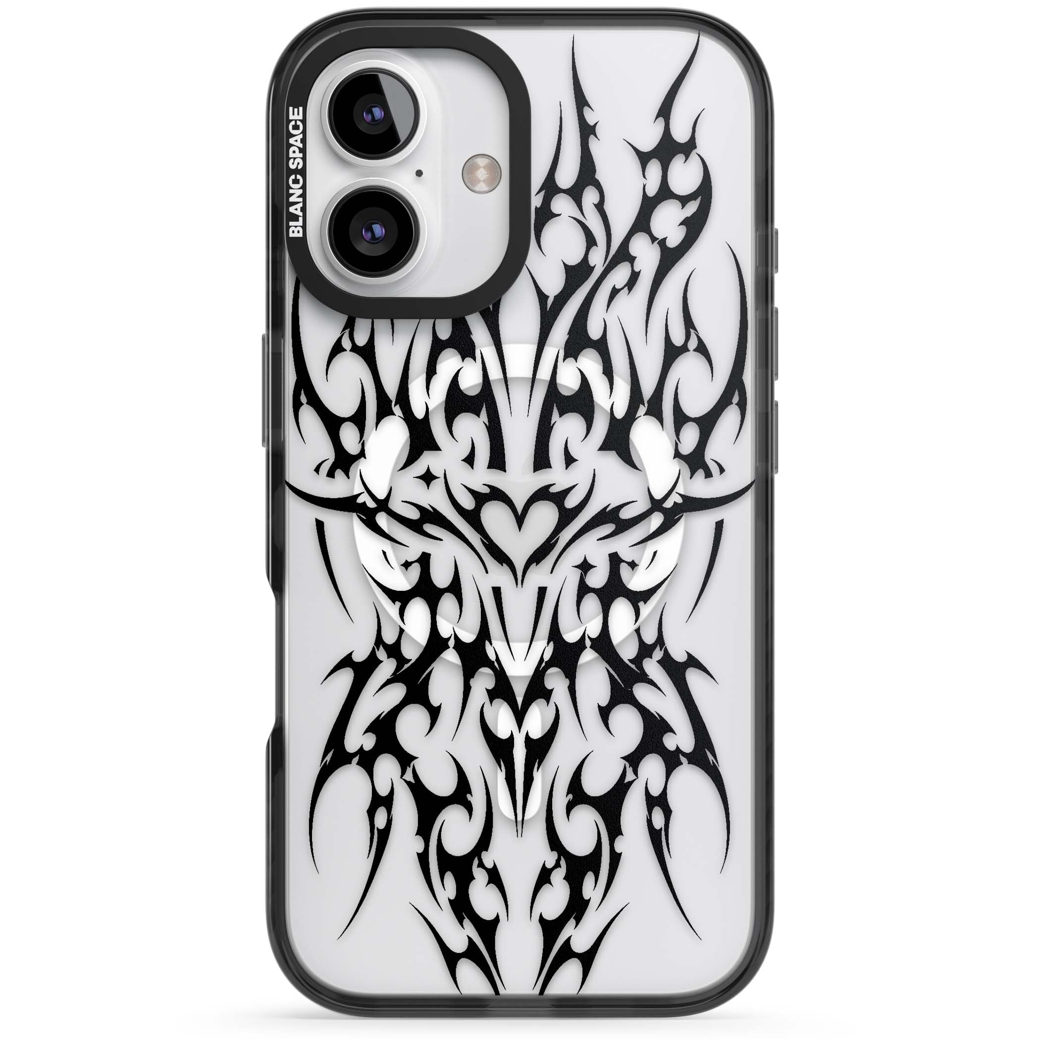 Neo Tribal Heart gothic iPhone case featuring symmetrical black tribal tattoo art with sharp thorn-like linework | Black Impact Magsafe case for iPhone 16, iPhone 16 Plus