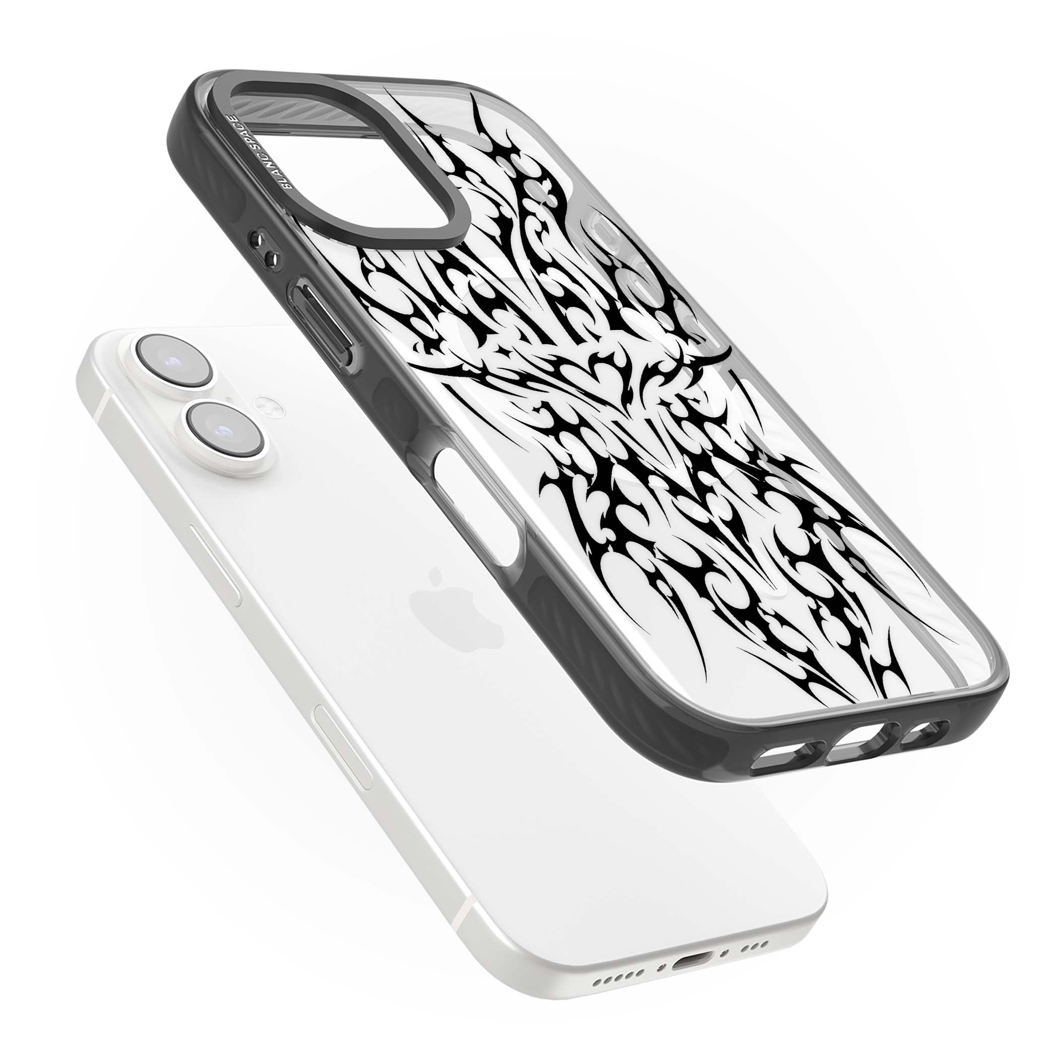 Neo Tribal Heart gothic iPhone case featuring symmetrical black tribal tattoo art with sharp thorn-like linework | Black Impact Magsafe case for iPhone 16, iPhone 16 Plus