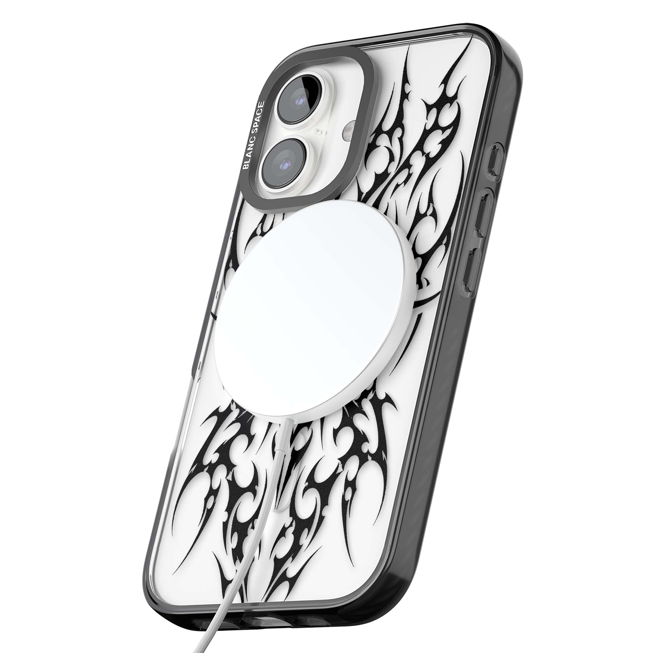Neo Tribal Heart gothic iPhone case featuring symmetrical black tribal tattoo art with sharp thorn-like linework | Black Impact Magsafe case for iPhone 16, iPhone 16 Plus