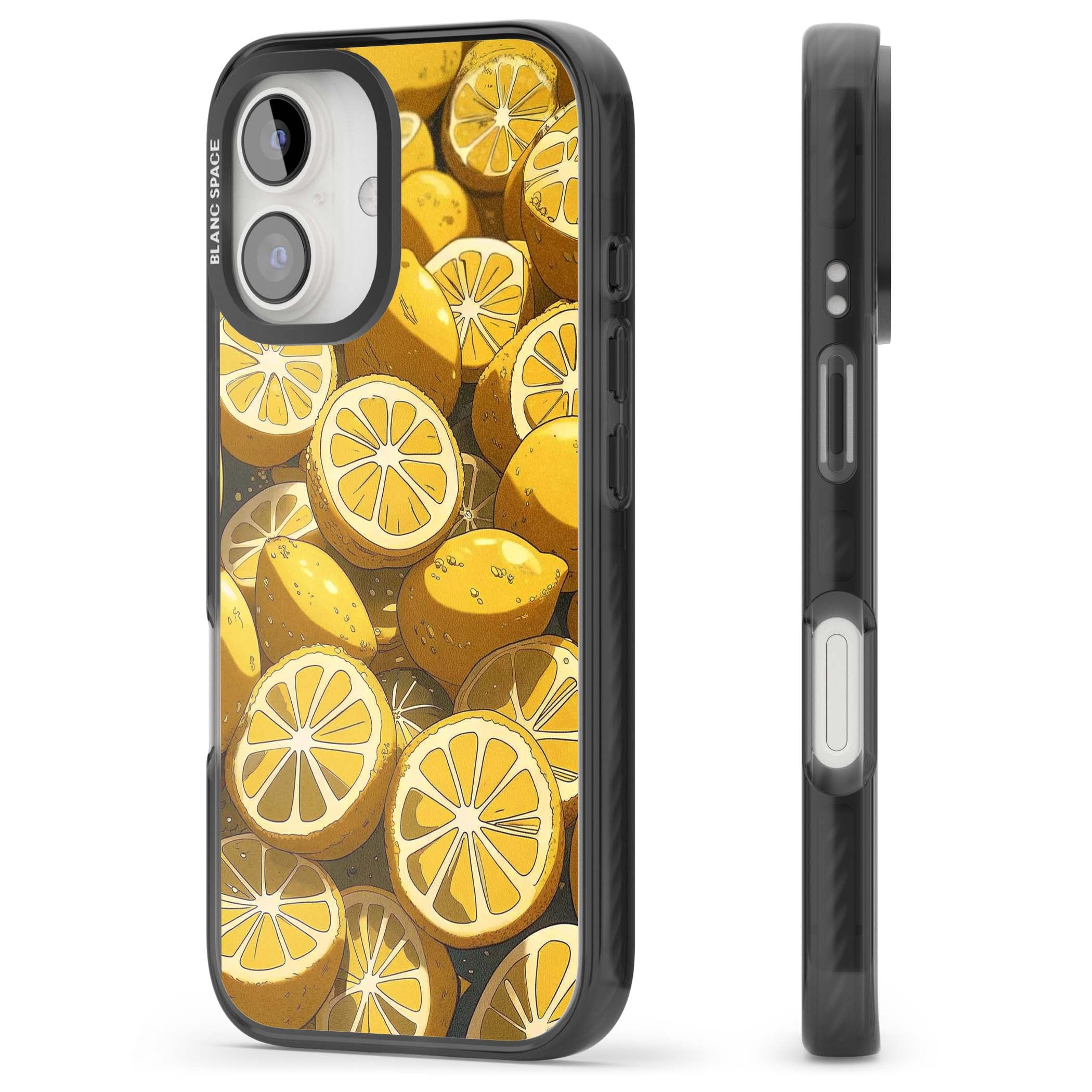 Zesty coastal iPhone case featuring illustrated Mediterranean lemons and citrus slices in golden yellow | Black Impact Magsafe case for iPhone 16, iPhone 16 Plus