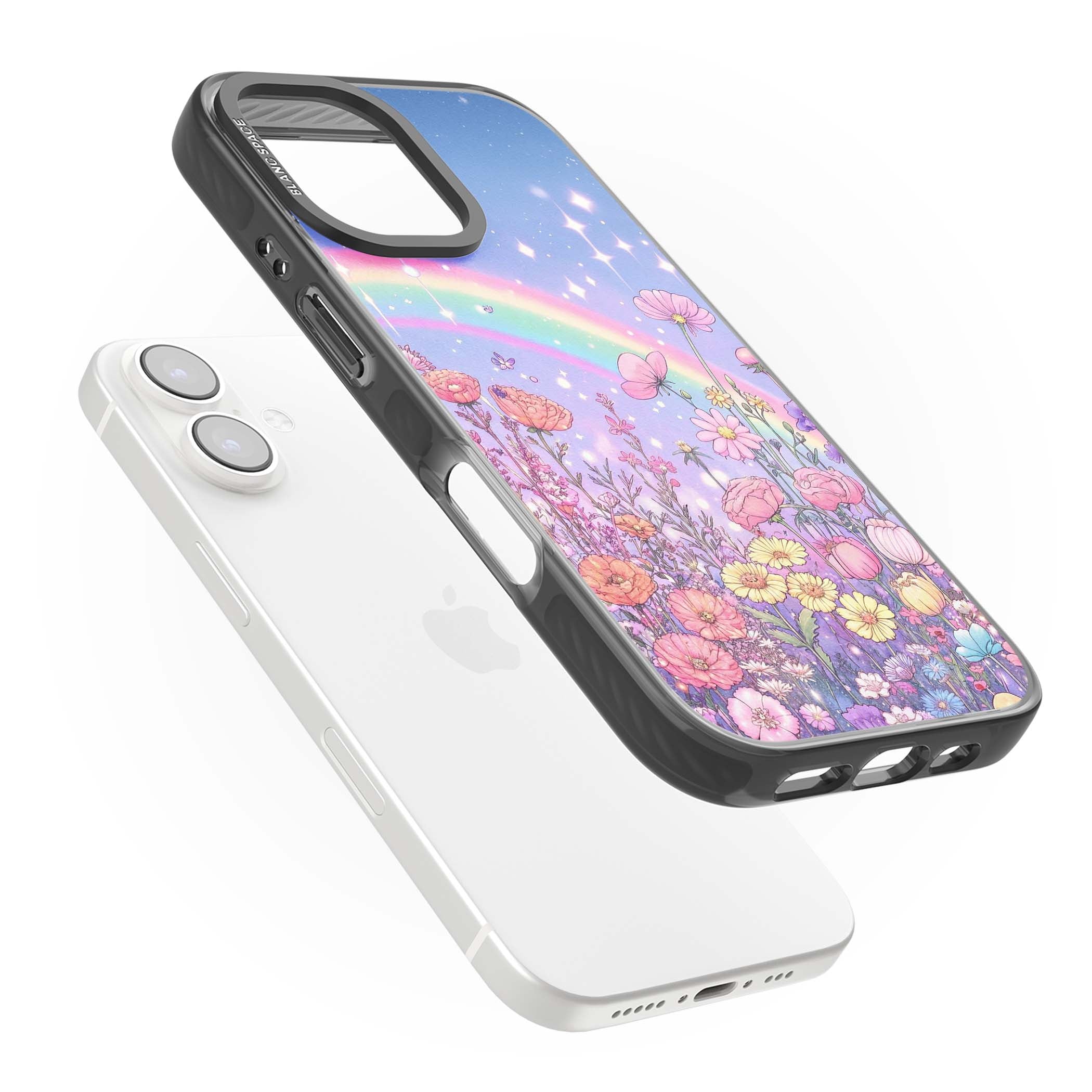 Magical Meadow fairycore iPhone case featuring a pastel rainbow, sparkling stars and a wildflower meadow | Black Impact case for iPhone 16, iPhone 16 Plus