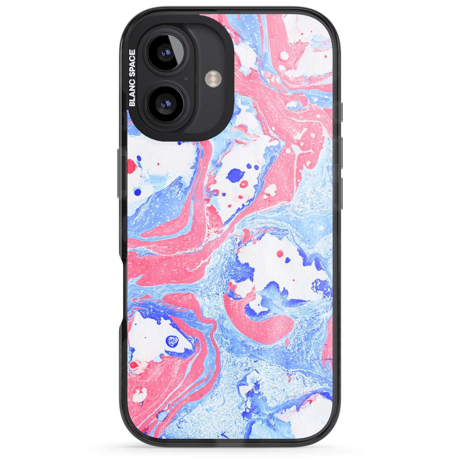iPhone 16 Pro Max Pink, Blue & White Marbled Paper Pattern Black Impact Phone Case