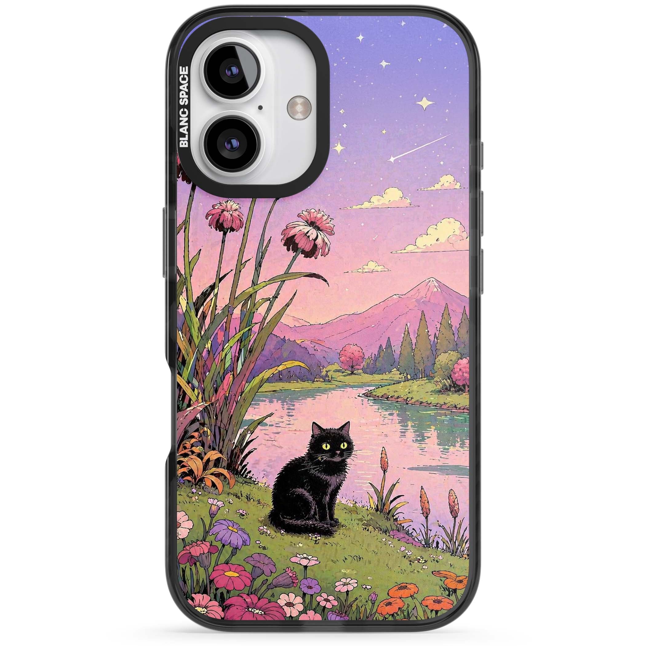 Mystic Whiskers ghibli iPhone case featuring a black cat by a pastel lake, wildflowers and a starry sunset sky | Black Impact case for iPhone 16, iPhone 16 Plus